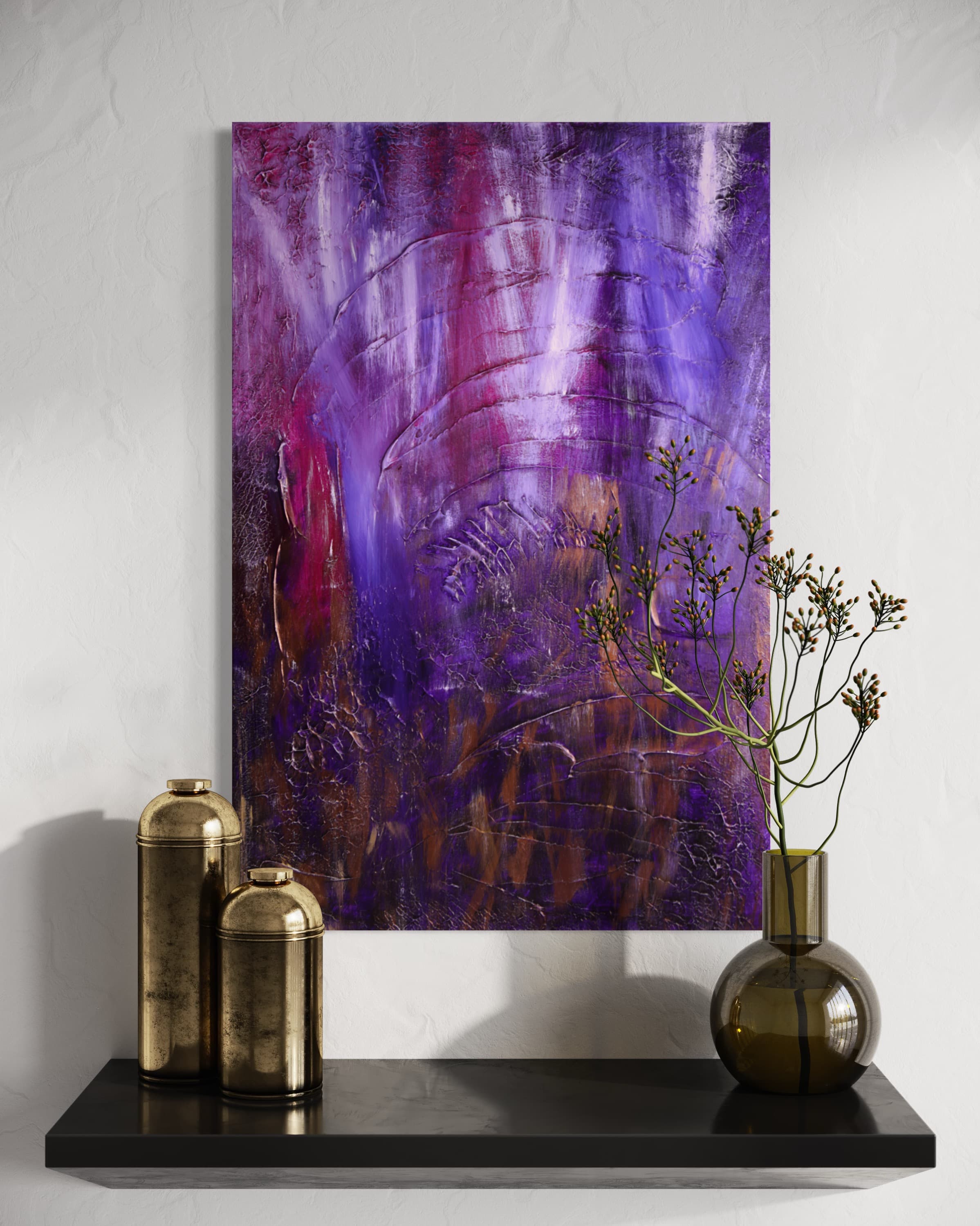 Amethyst Horizons, a purple and gold textured abstract painting by Julia Mindar, shown on a wall with a small vase in front