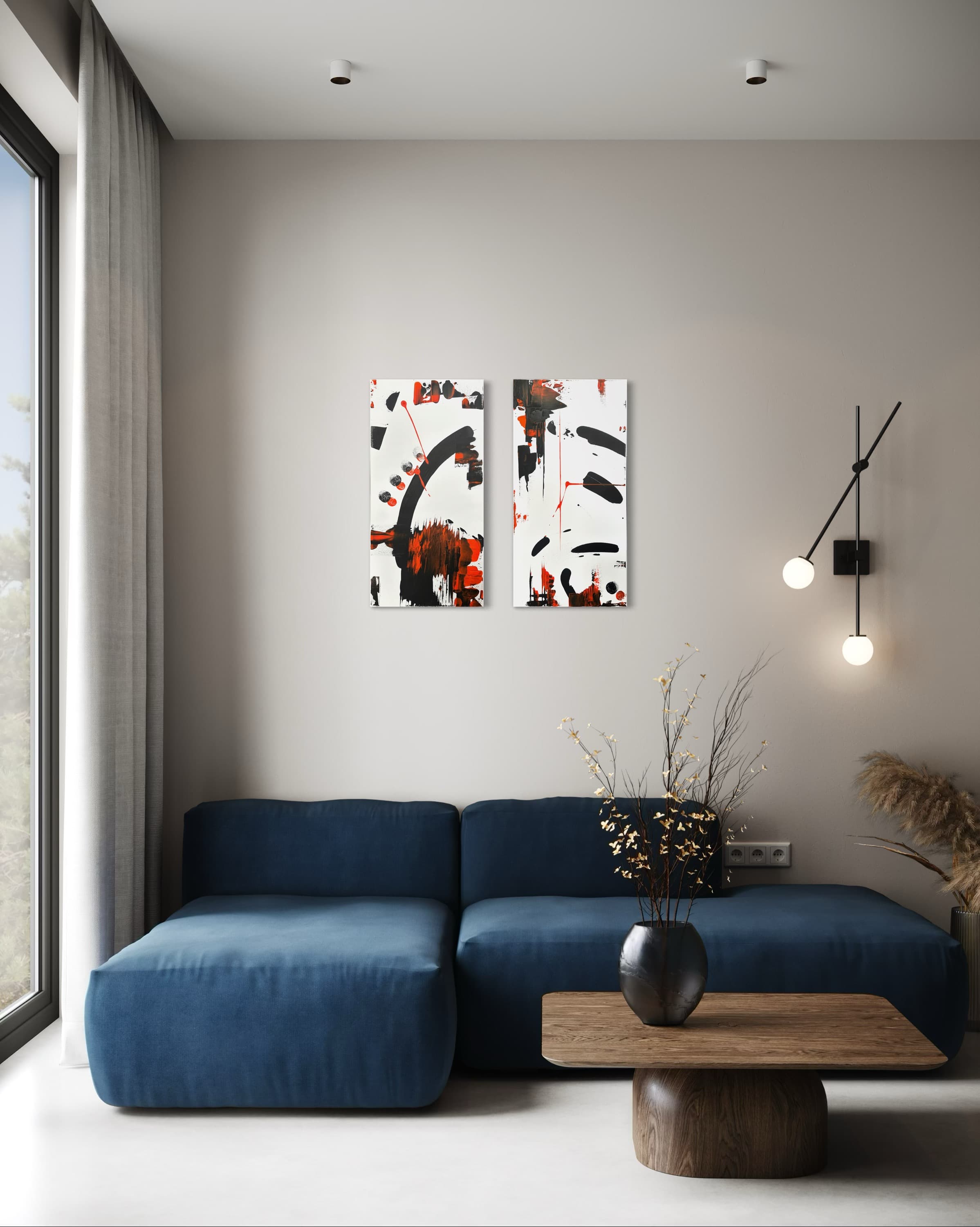 Call and Response, a two-panel black, white, and red gestural abstract diptych by Julia Mindar, shown above a sofa