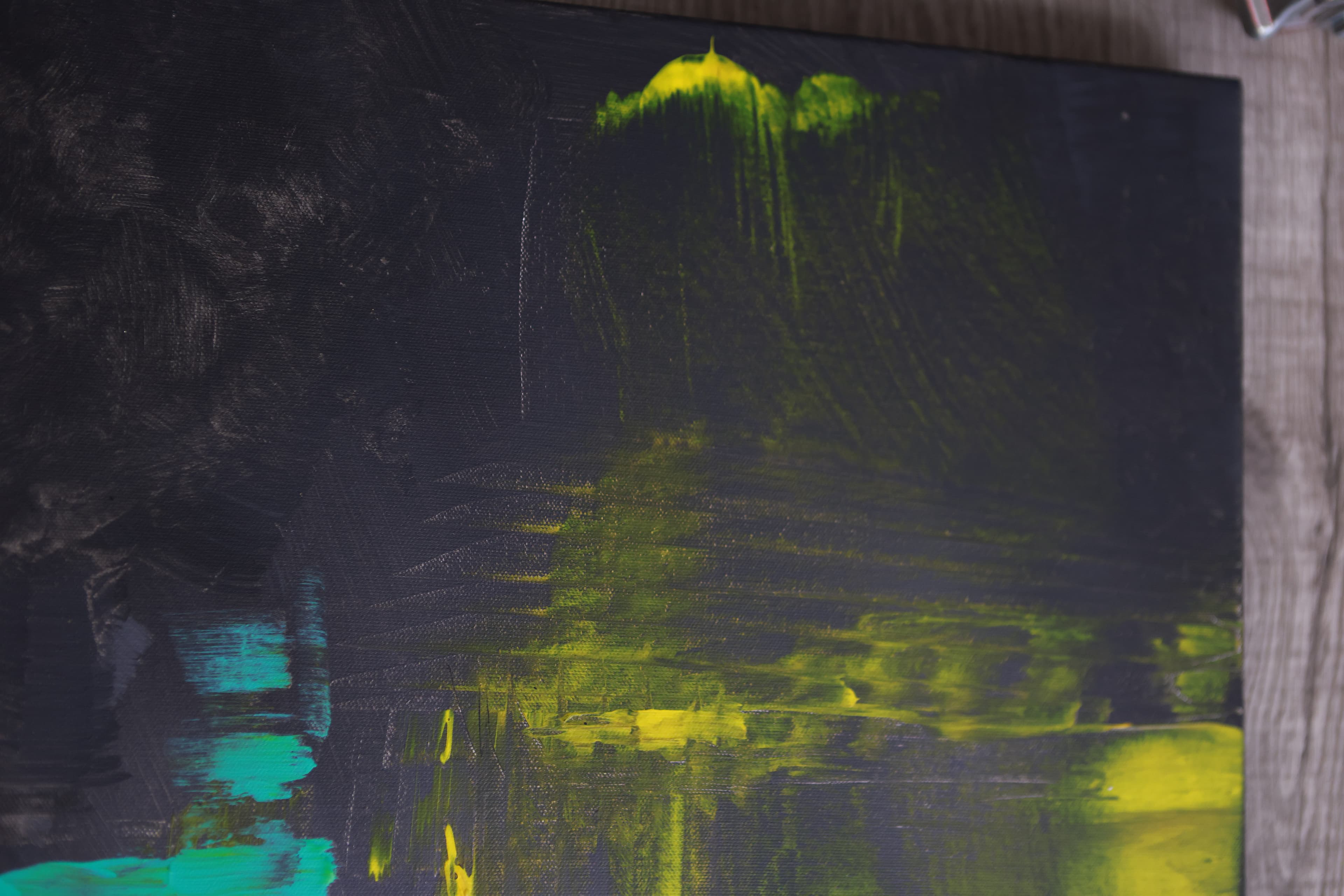 Detail of Deep Current showing emerald and yellow brushwork over a dark ground