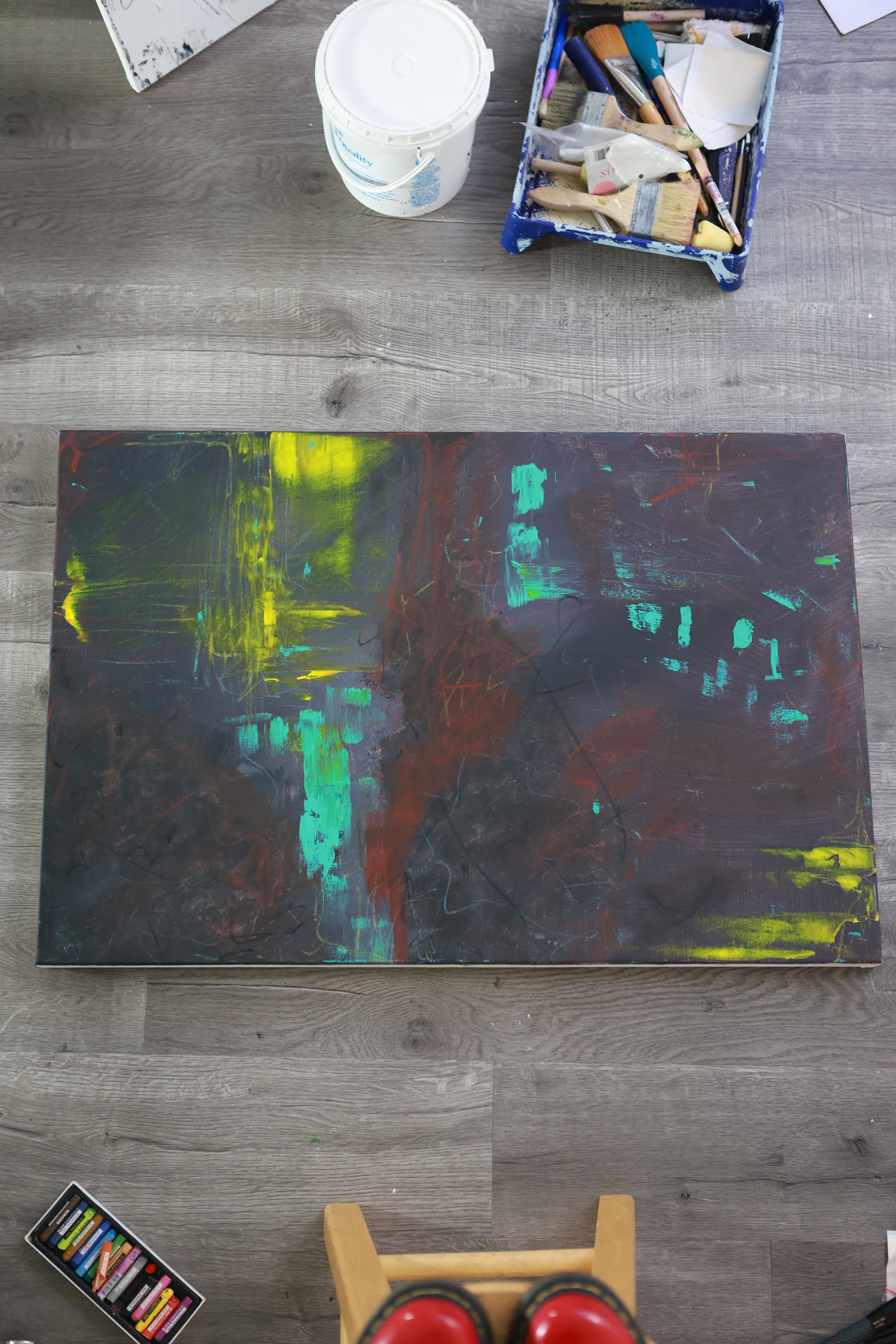 Overhead studio view of Deep Current on the floor