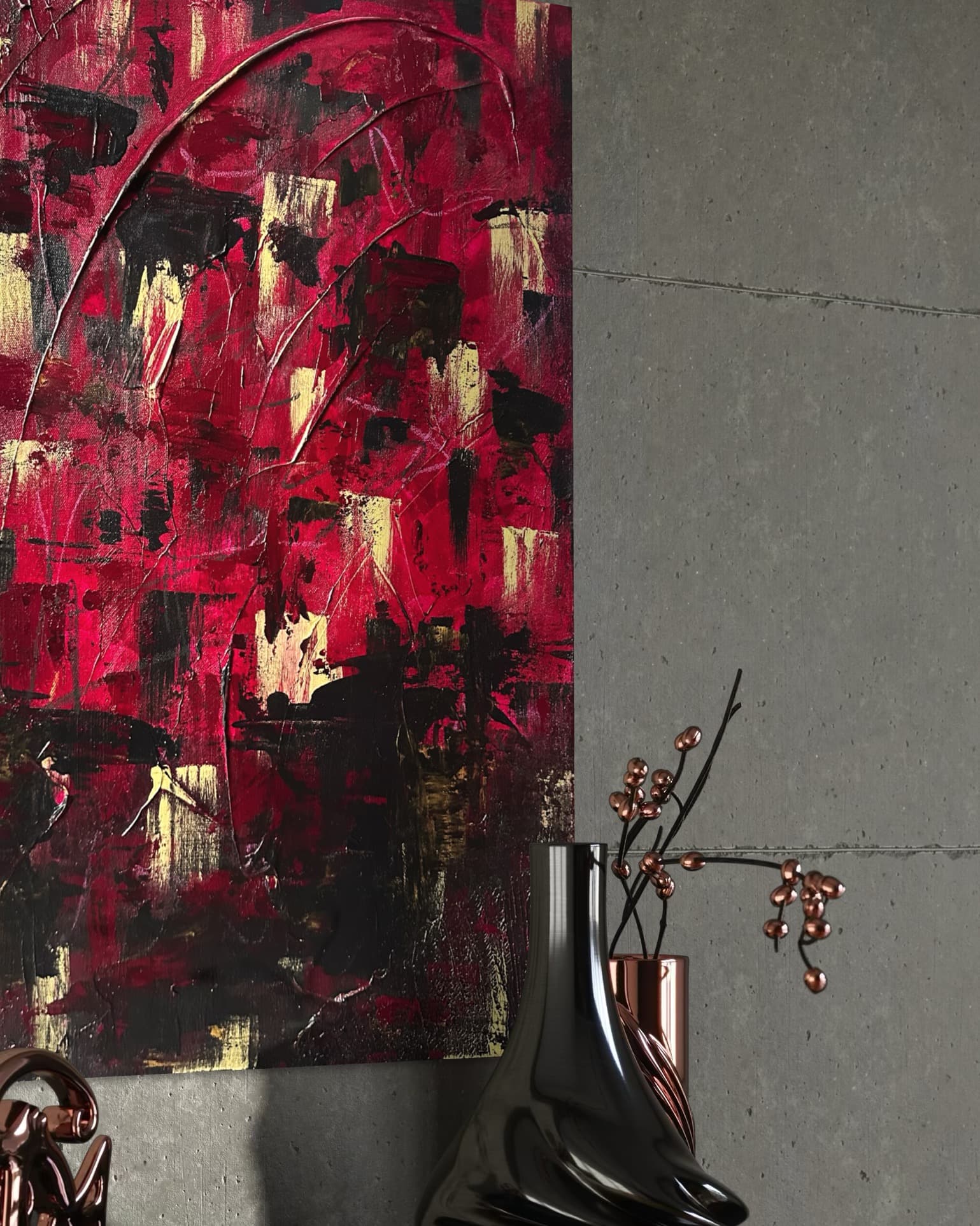 Detail of Ember Arc showing crimson and gold texture