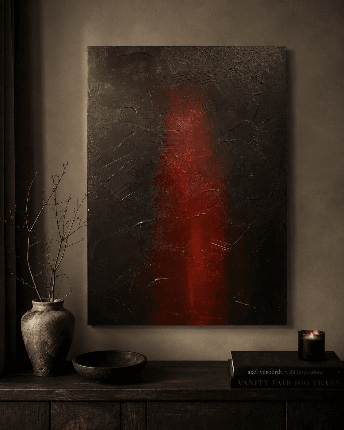 Ember Vein, a red and black textured abstract painting by Julia Mindar, shown on a wall with a ceramic vase and candle