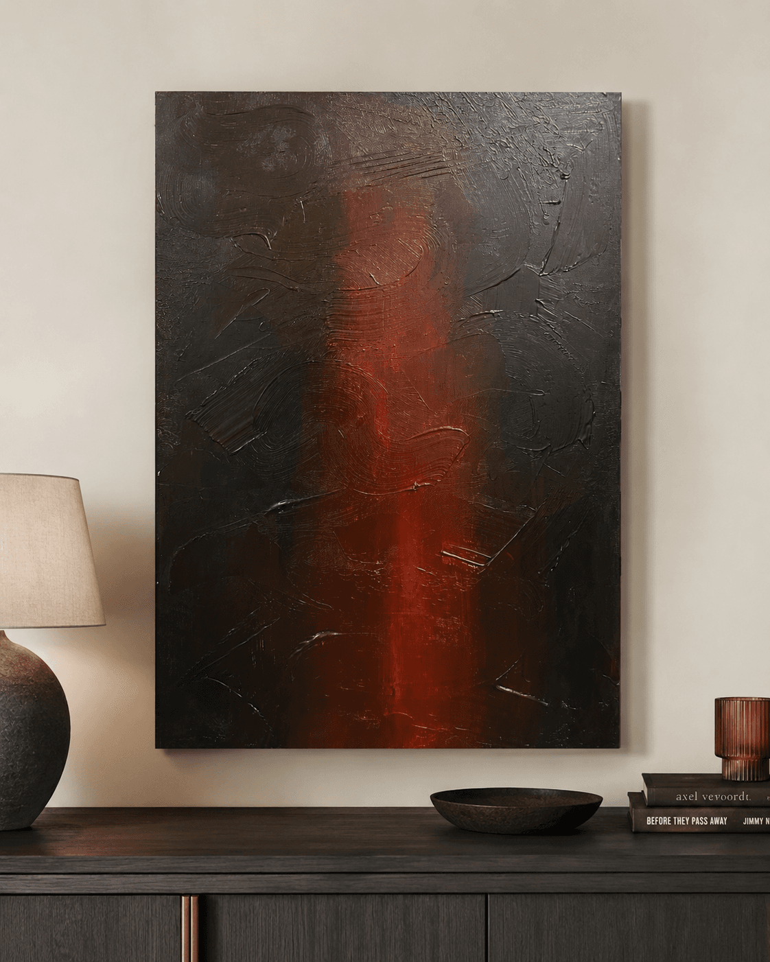 Ember Vein shown installed above a dark sideboard with a lamp and candle