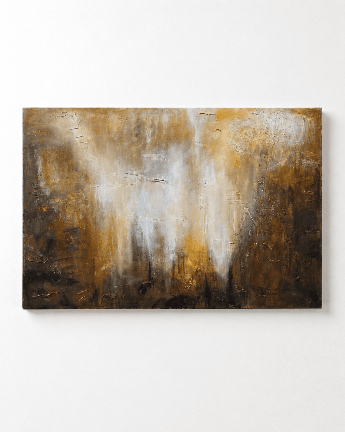 Gilded Drift, a gold, bone-white, and charcoal textured abstract painting by Julia Mindar, shown on a gallery wall