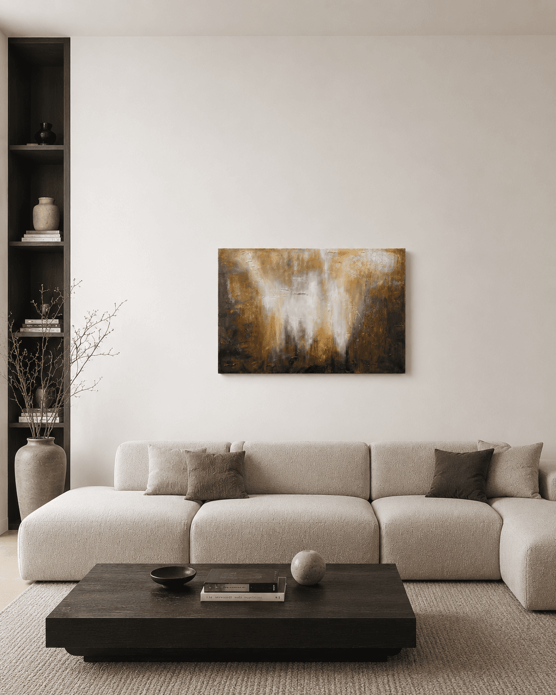 Gilded Drift shown installed above a sofa in a living room