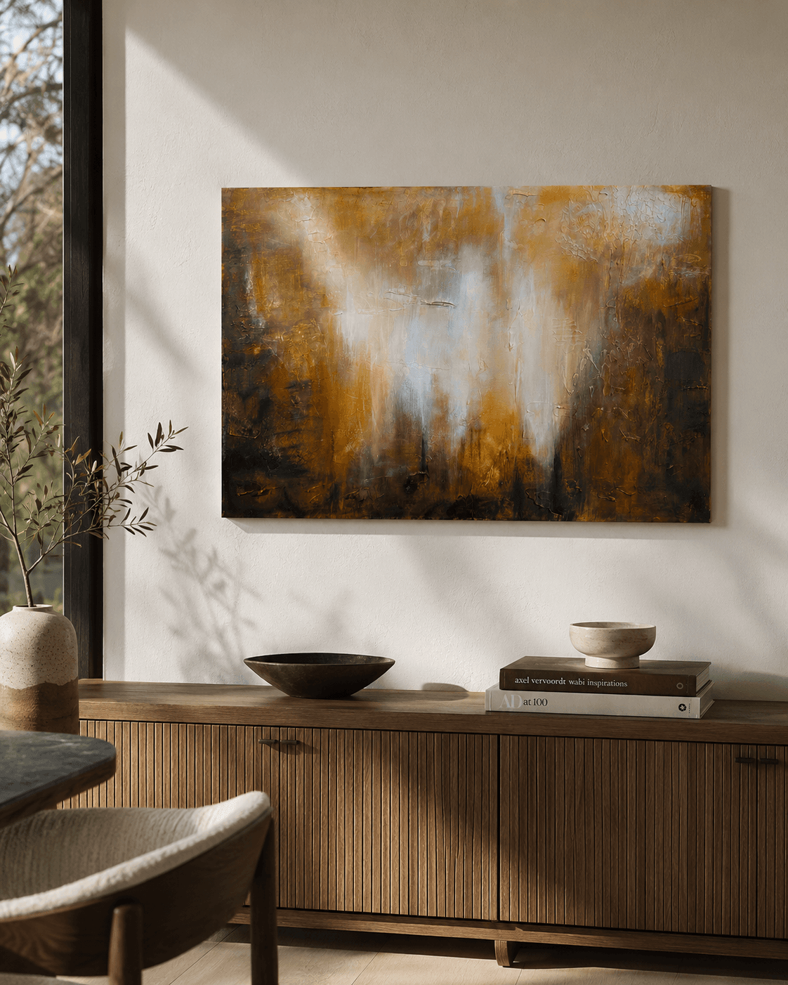 Gilded Drift shown installed above a wood credenza