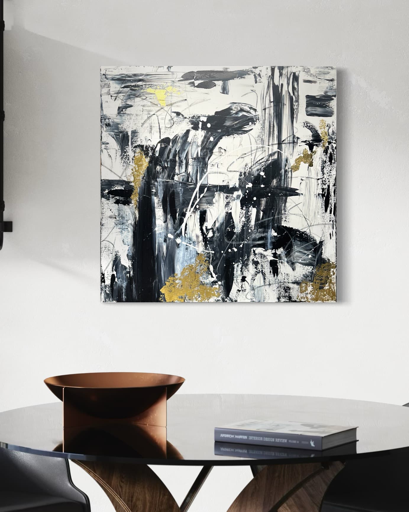 Detail of Golden Echoes showing black gestural brushwork with gold leaf inlay by Julia Mindar