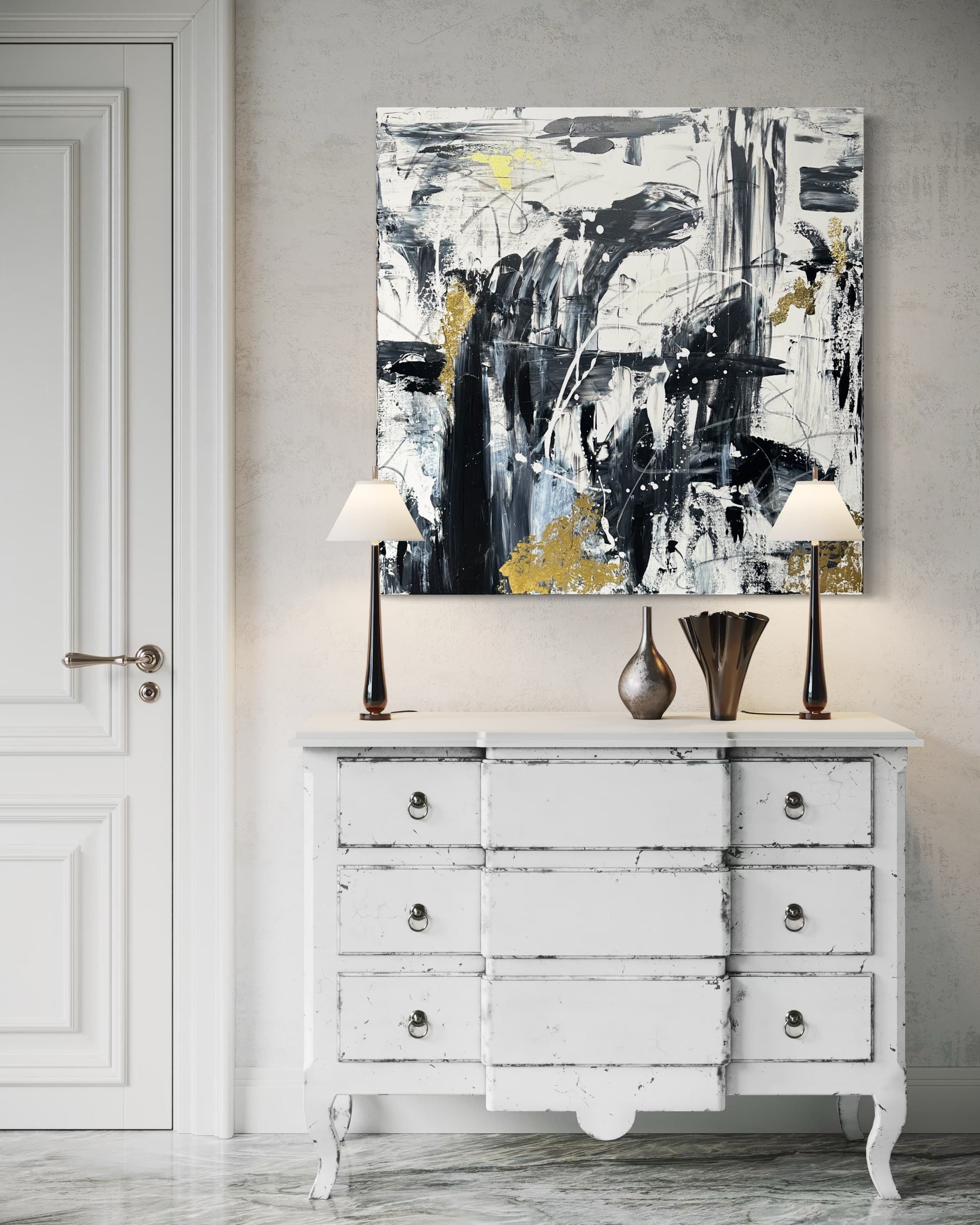 Golden Echoes, a black, white, and gold leaf square abstract painting by Julia Mindar, shown above an entryway console