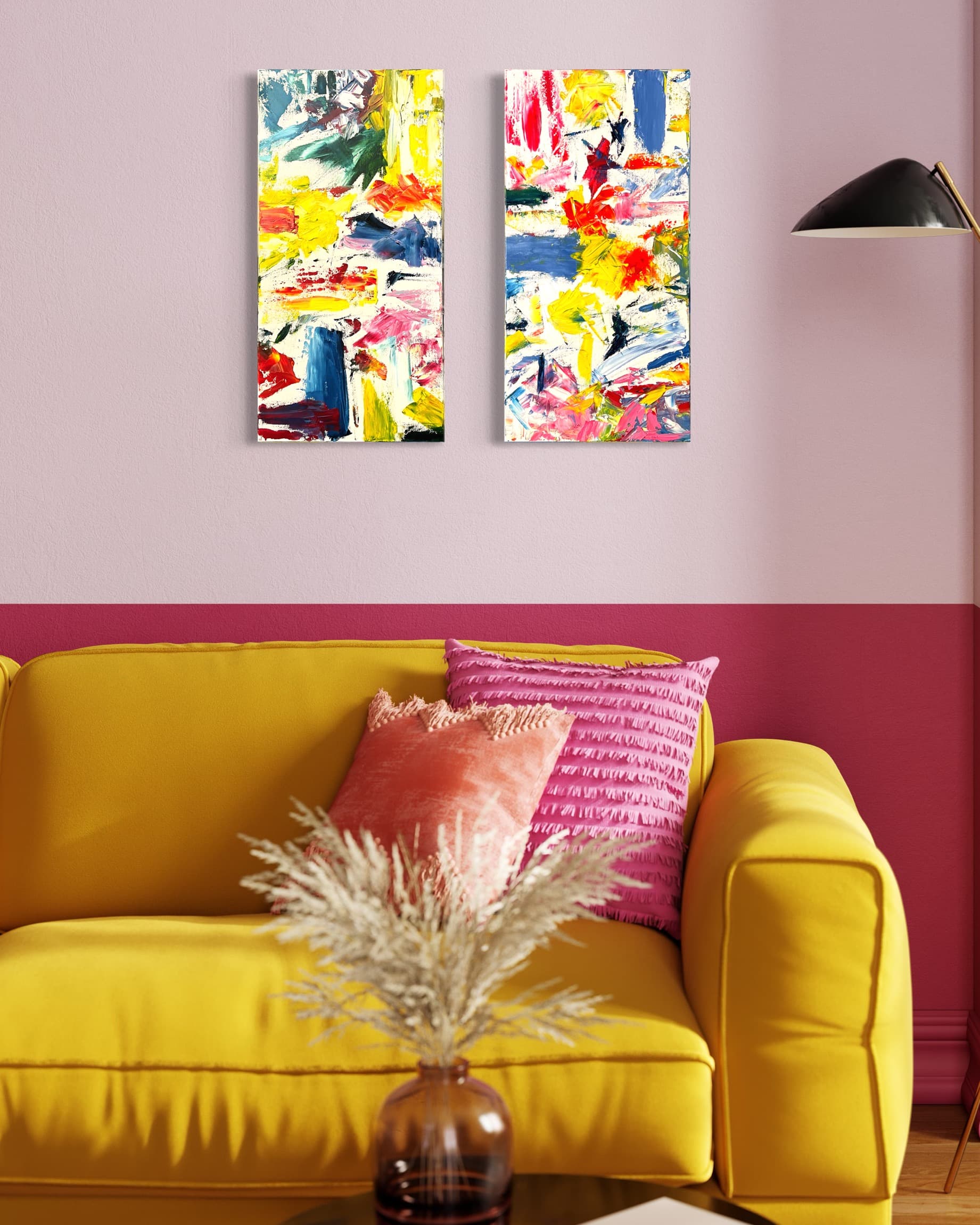 Kindred Fire, a bright, colorful two-panel oil diptych by Julia Mindar