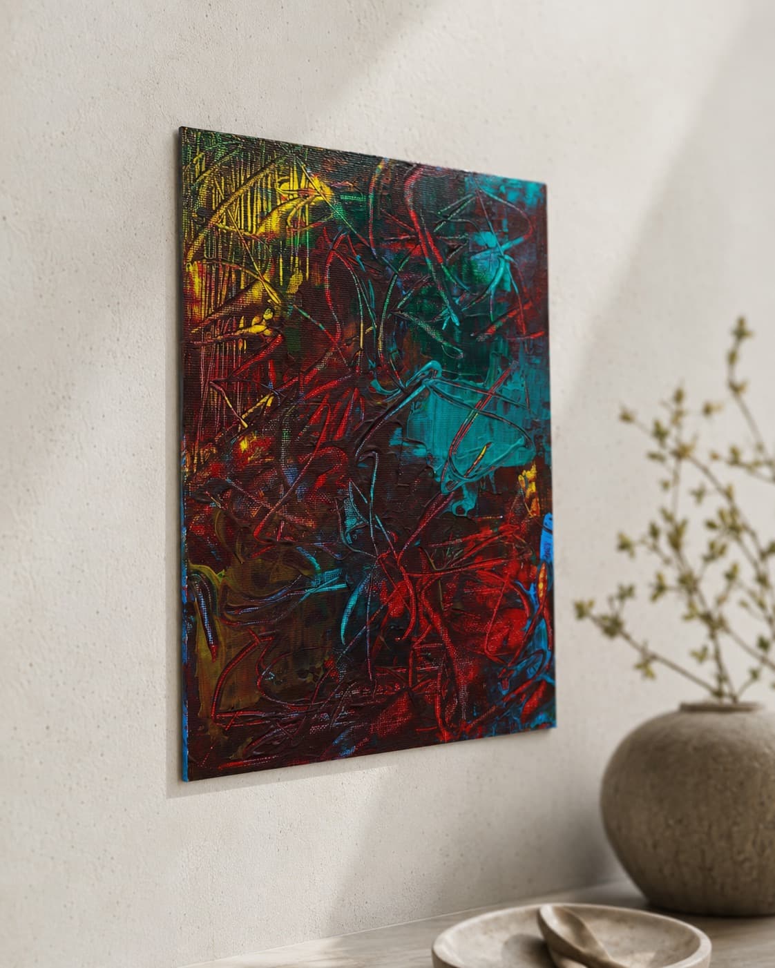 Live Wire, a small red, teal, and yellow gestural abstract painting by Julia Mindar on a dark ground, shown on a console