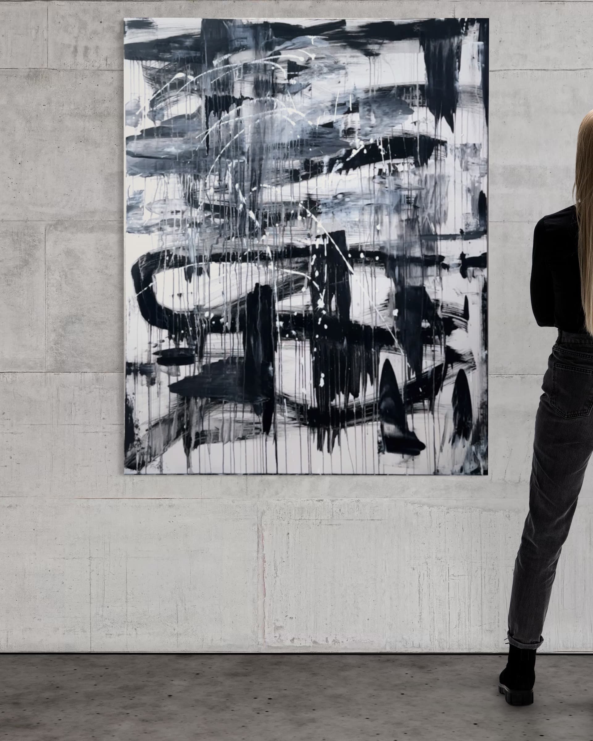 Detail of Monochrome Echo showing the black gestural brushwork and drip texture