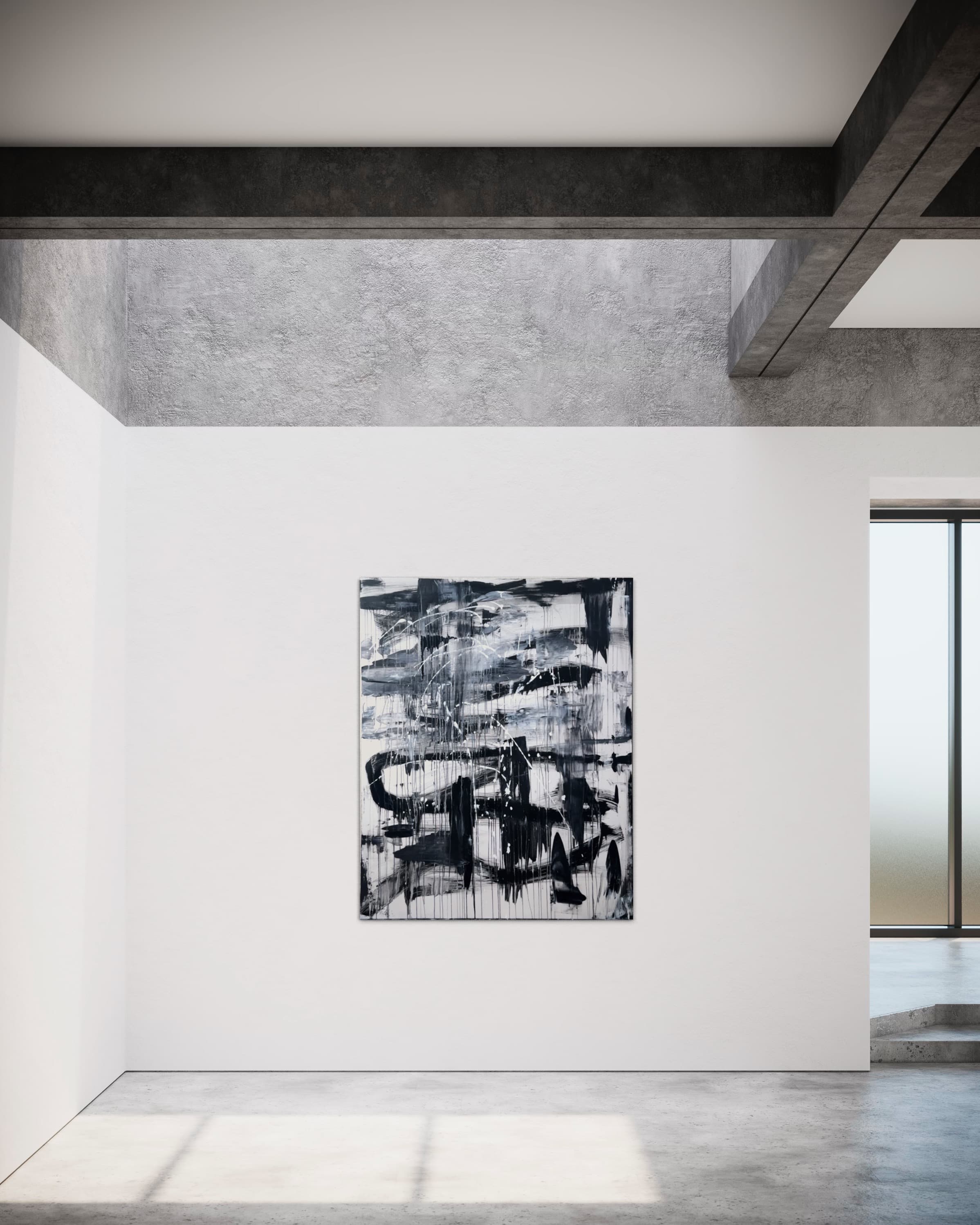 Monochrome Echo, a large black and white gestural abstract painting by Julia Mindar, shown in a minimal concrete gallery space
