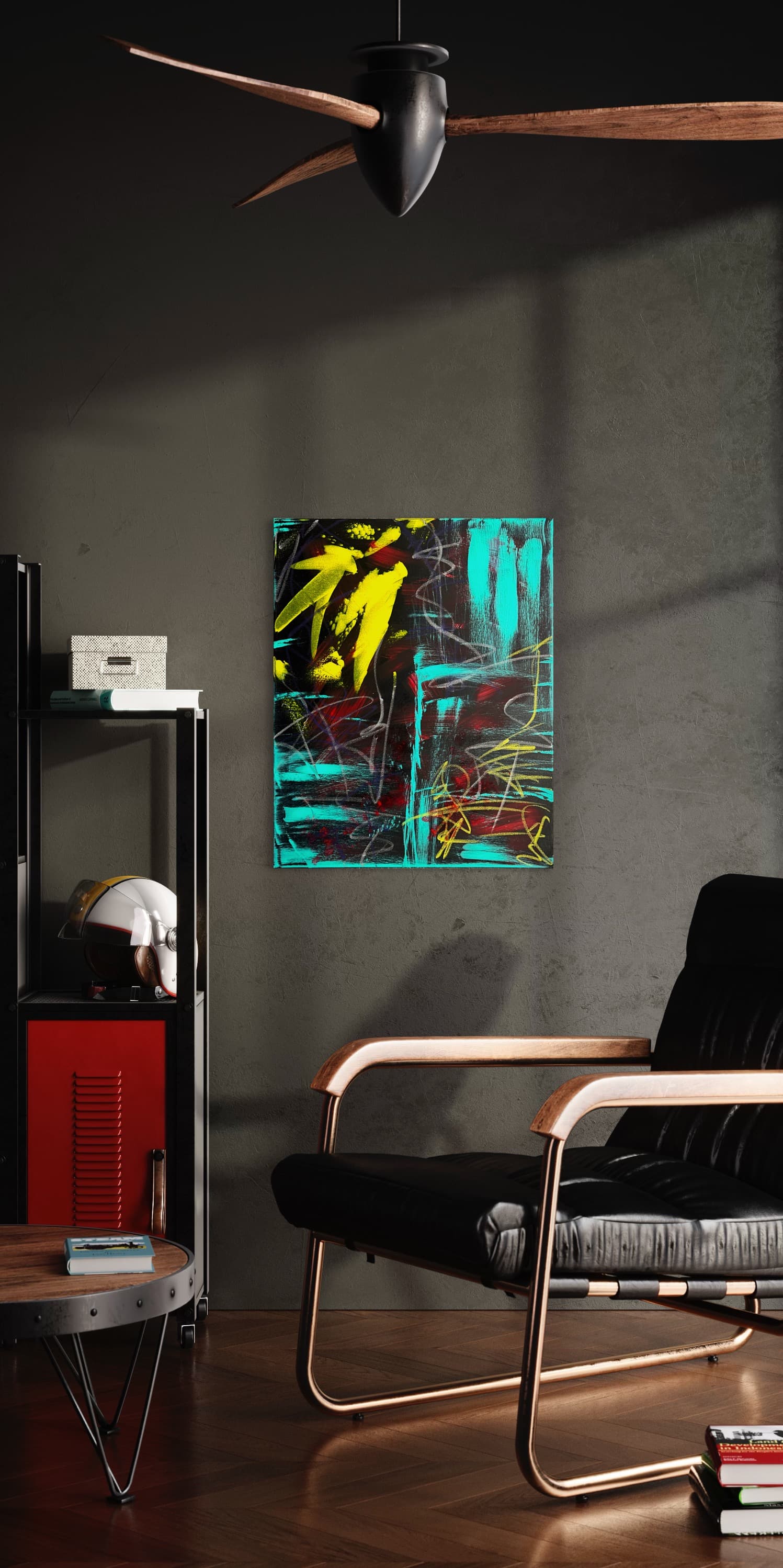Neon Pulse, a teal, yellow, and black abstract painting with scribbled linework by Julia Mindar, shown in a dark room