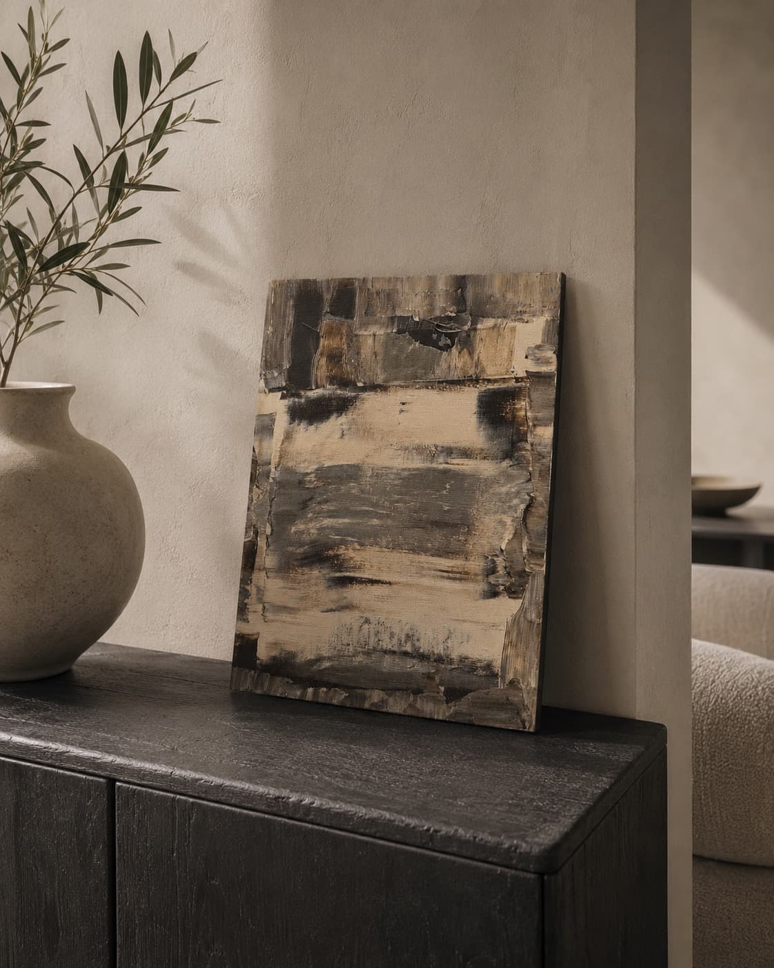Ash Grain shown installed above a wood shelf with a plant