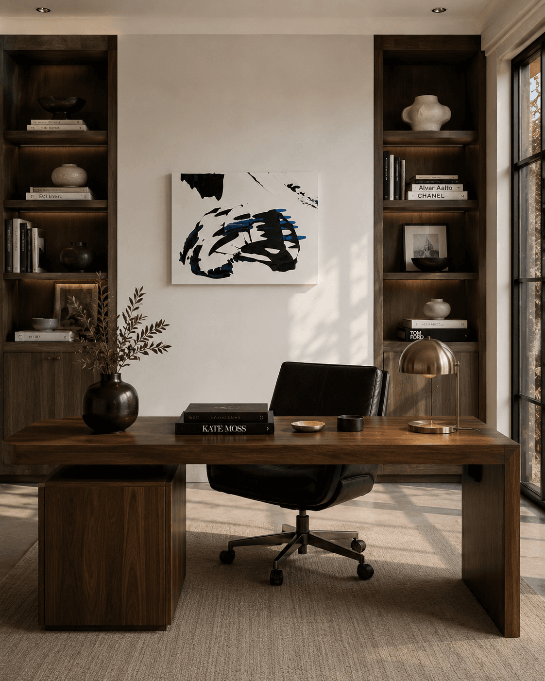 Blueprint, a navy and black gestural abstract painting by Julia Mindar, shown above a home office desk