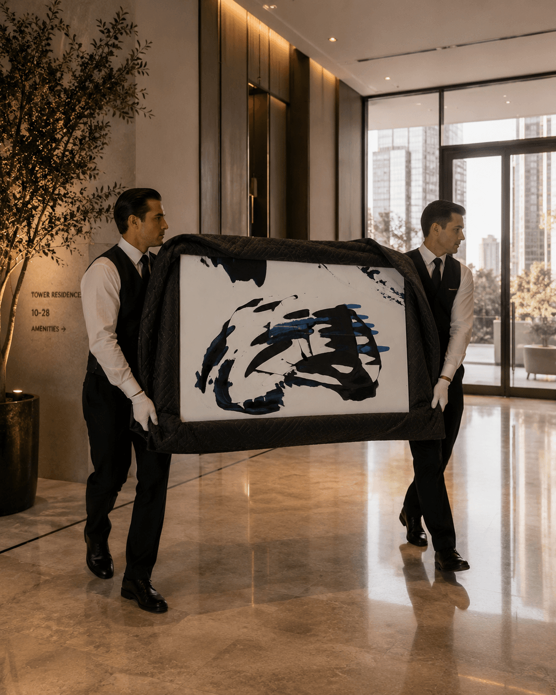 Blueprint being carried through a building lobby, shown at scale