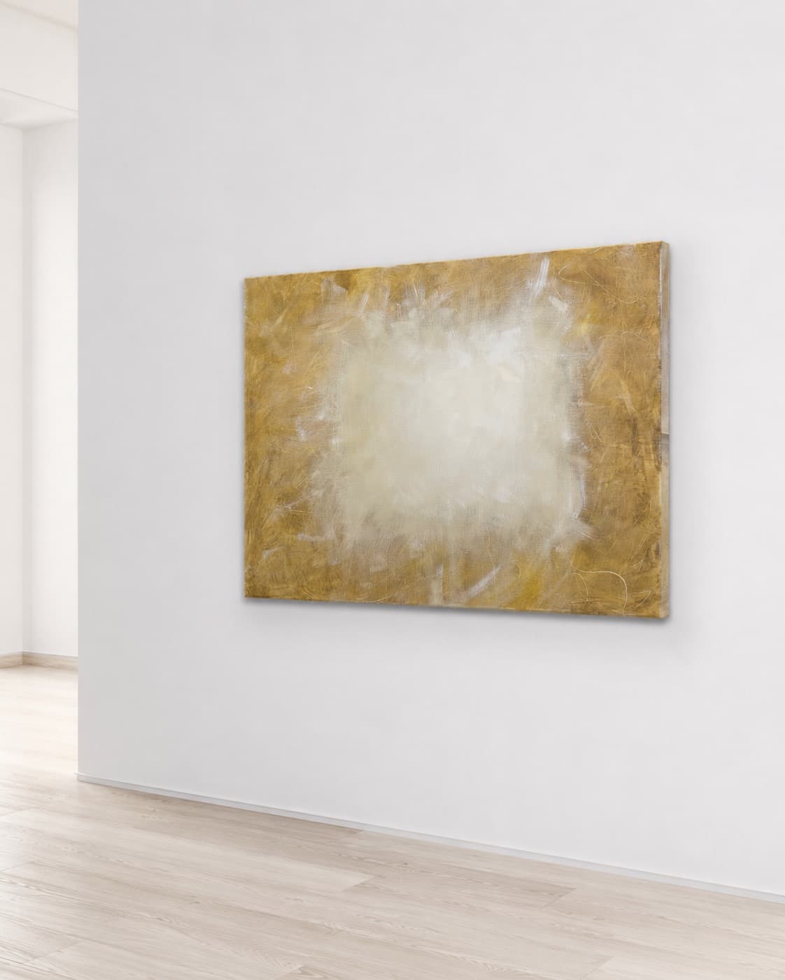 Angled view of Burnished Light installed on a gallery wall