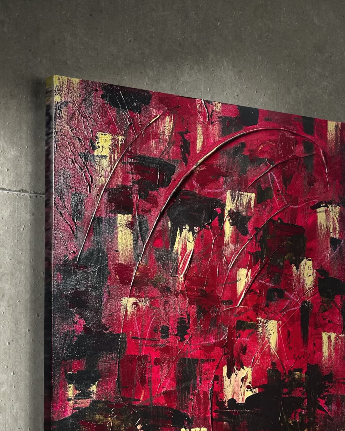 Detail of Crimson Echoes showing the gold arc drawn across dark crimson ground