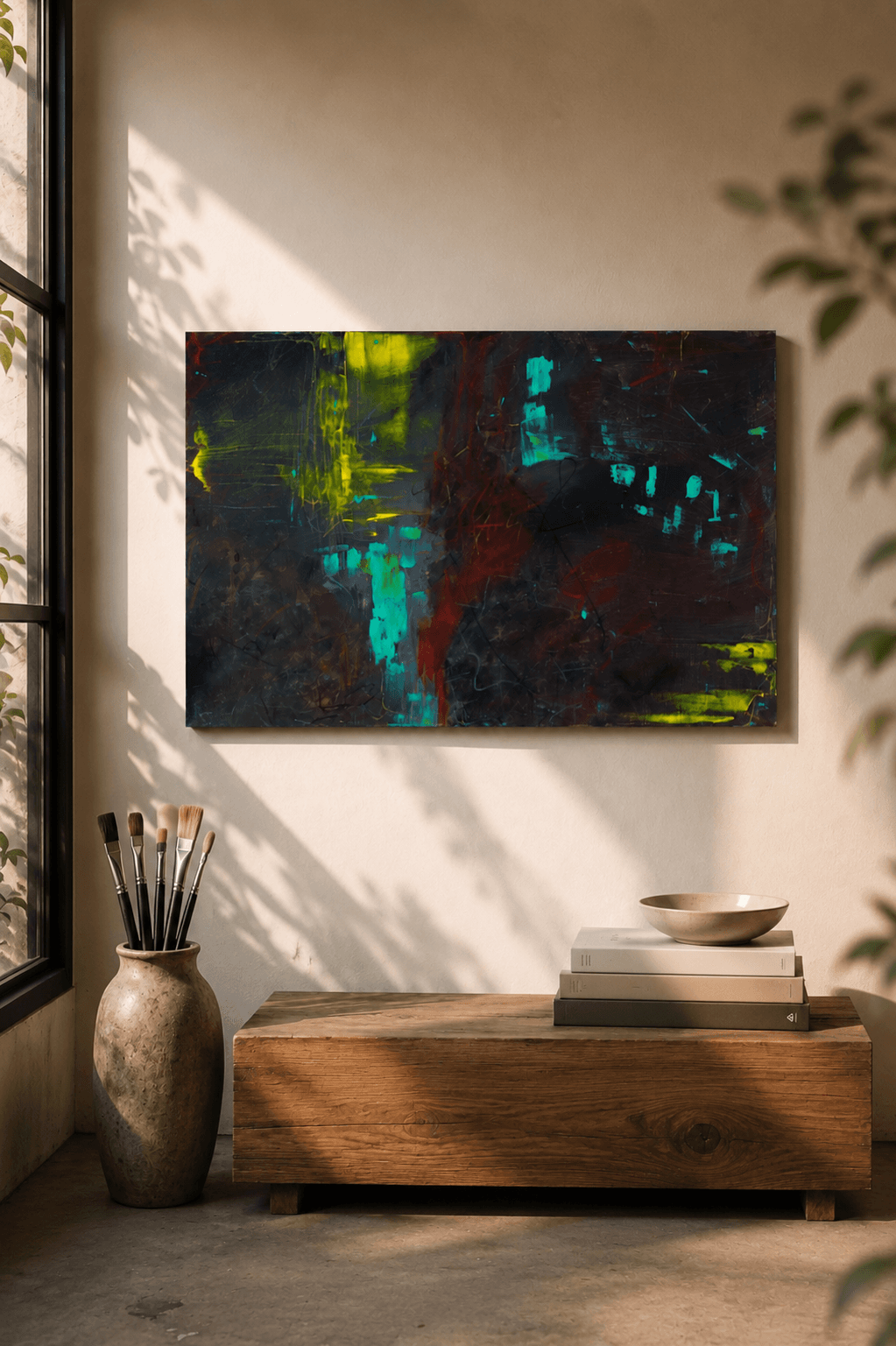Deep Current, an emerald green and acid yellow abstract painting on a charcoal ground by Julia Mindar, studio floor view