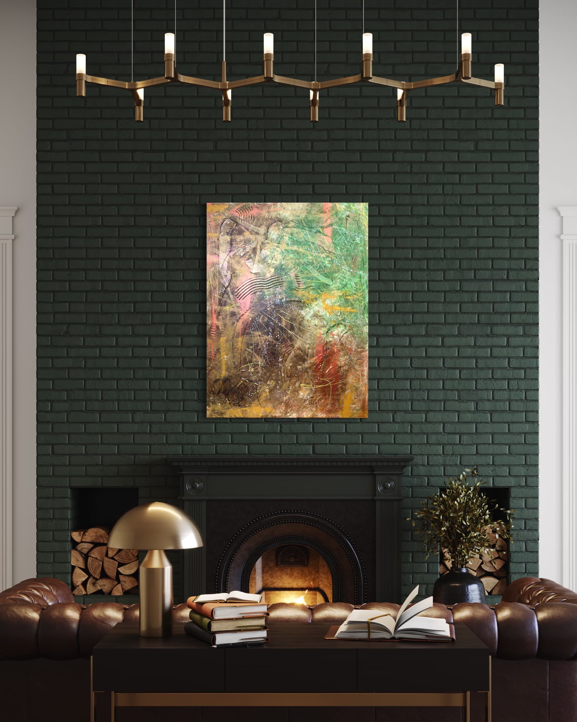 Detail of Echoes of Earth showing layered green, gold, and rust texture
