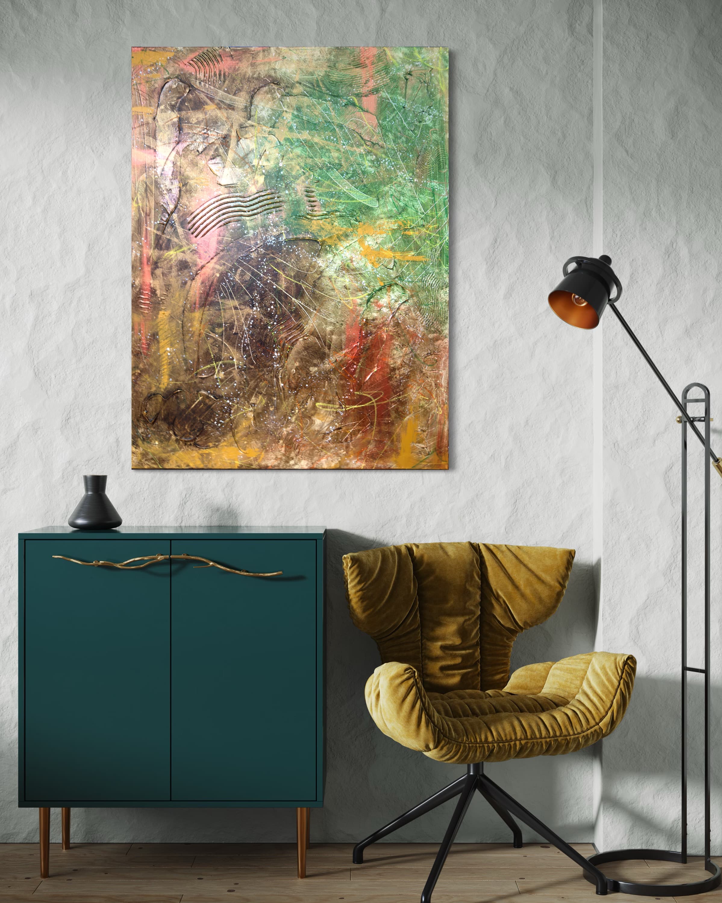 Echoes of Earth shown installed above a teal cabinet