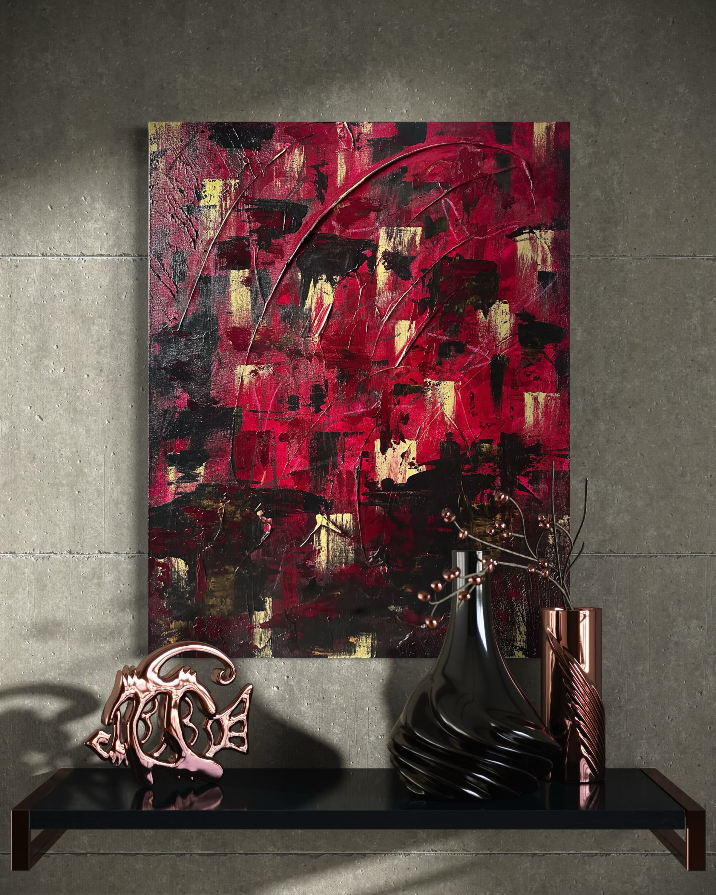 Ember Arc, a crimson, black, and gold color-block abstract painting by Julia Mindar with a gold arc
