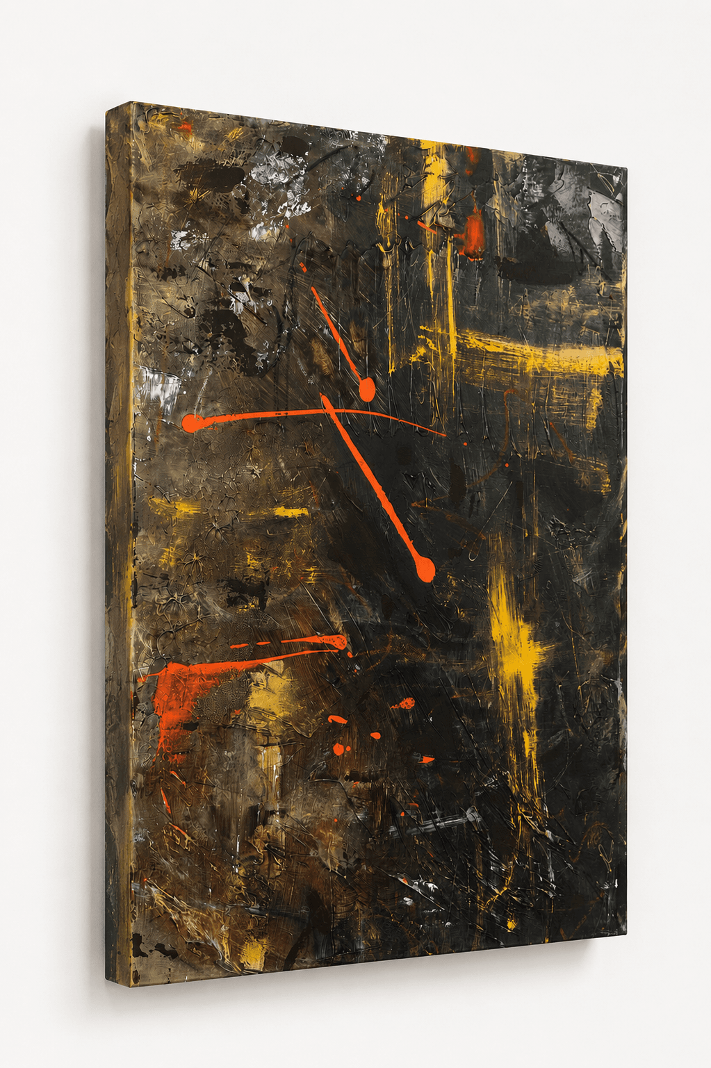 Detail of Ember Cross showing loaded orange gesture over a black and ochre ground