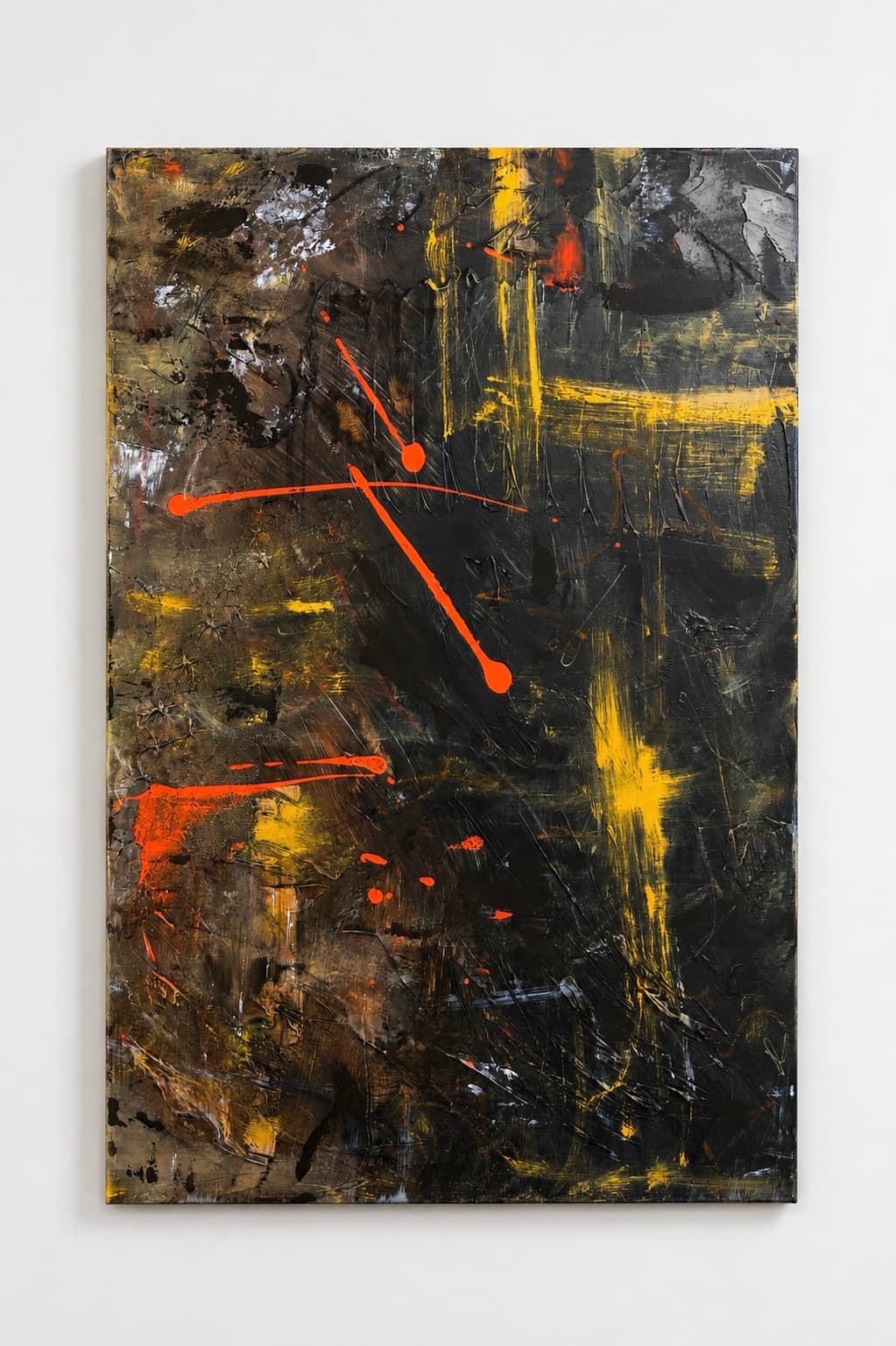 Ember Cross, a black, ochre, and orange gestural abstract painting by Julia Mindar