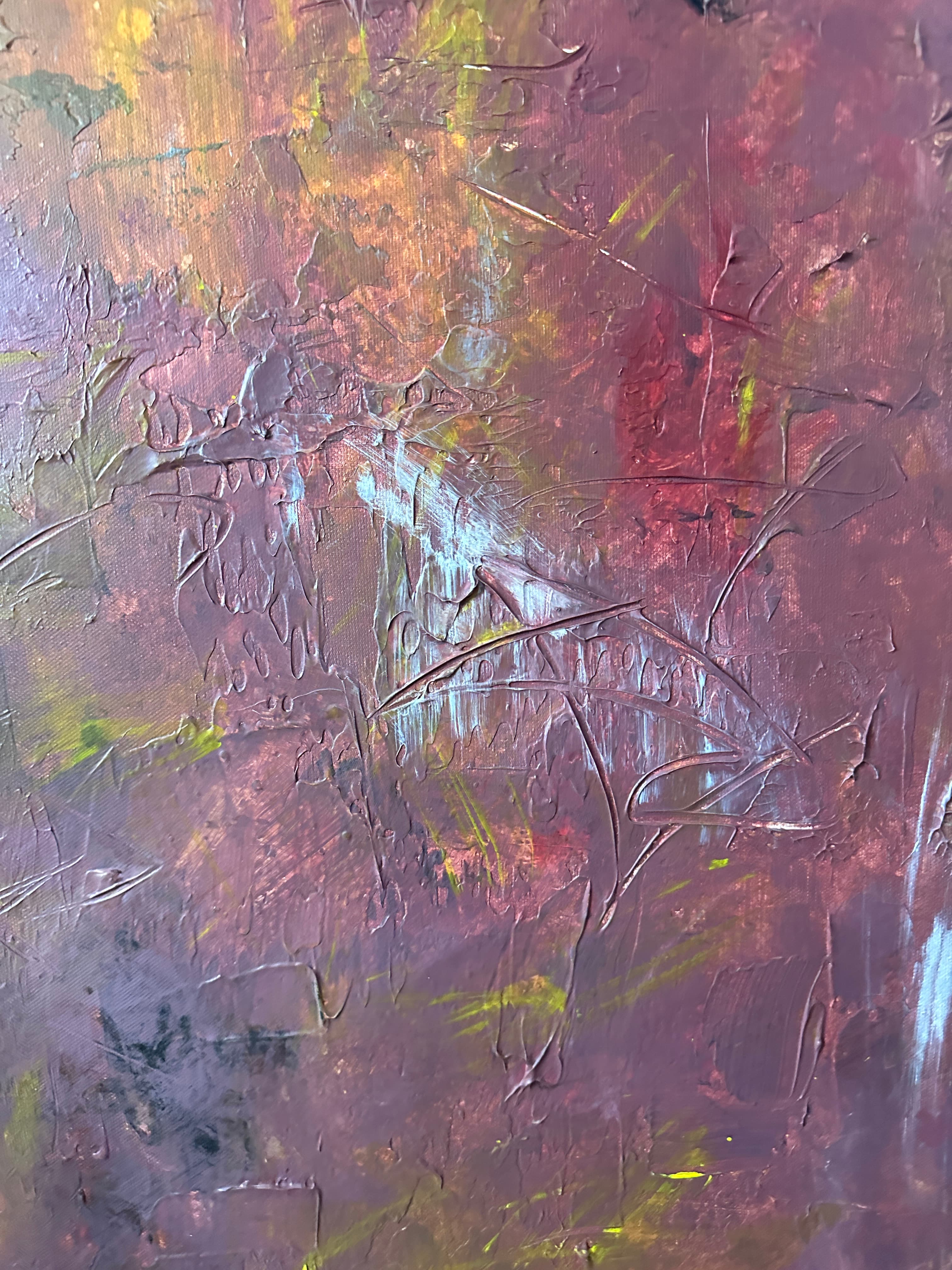 Detail of Ember Field showing a flash of chartreuse yellow over the rust ground