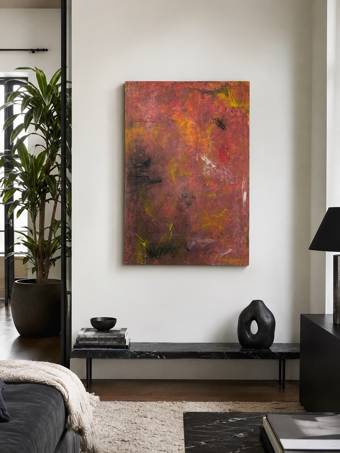 Ember Field shown installed in a moody living room with a large potted plant