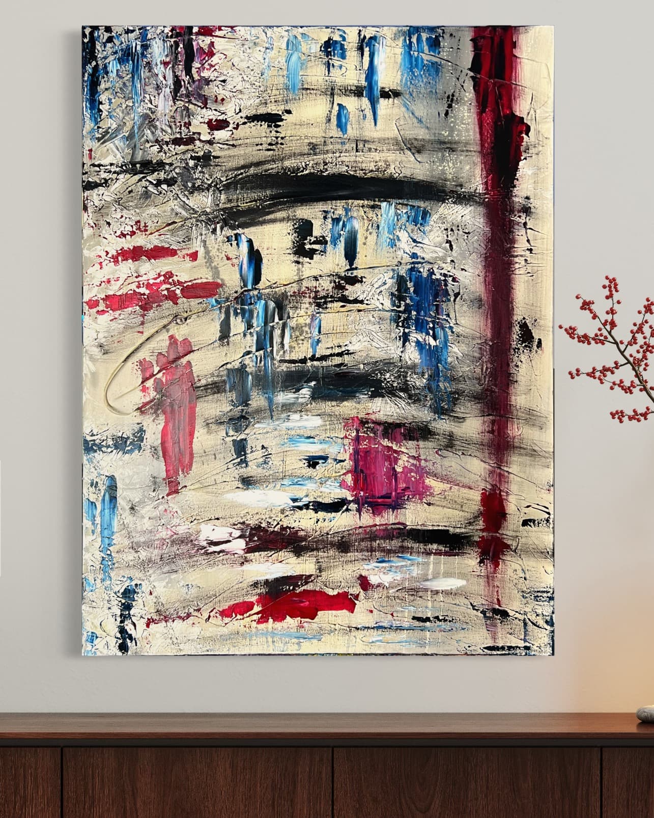 Detail of Frostline showing red and magenta color-block texture