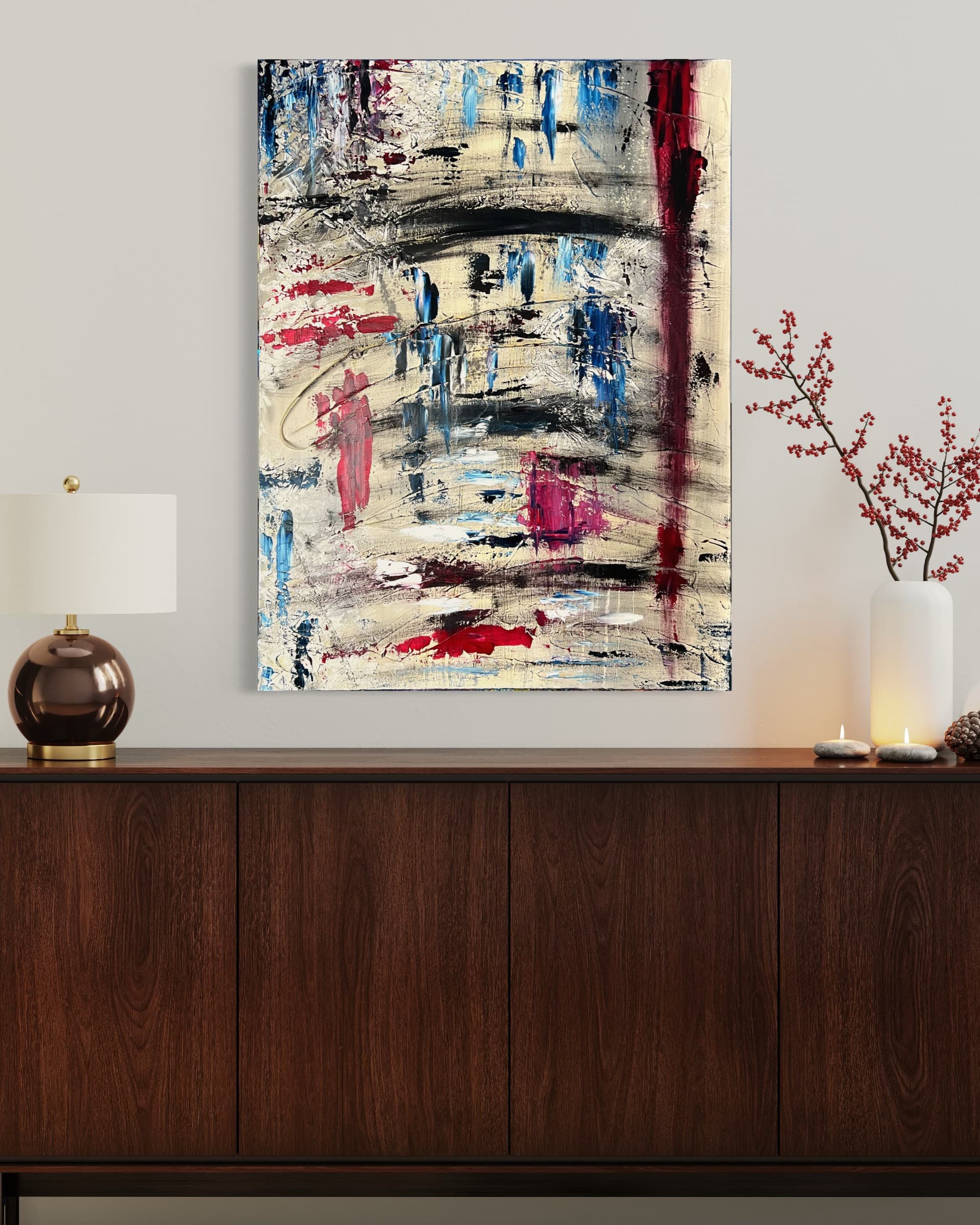 Frostline, a cream, blue, red, and magenta abstract oil painting by Julia Mindar with a thin gold arc