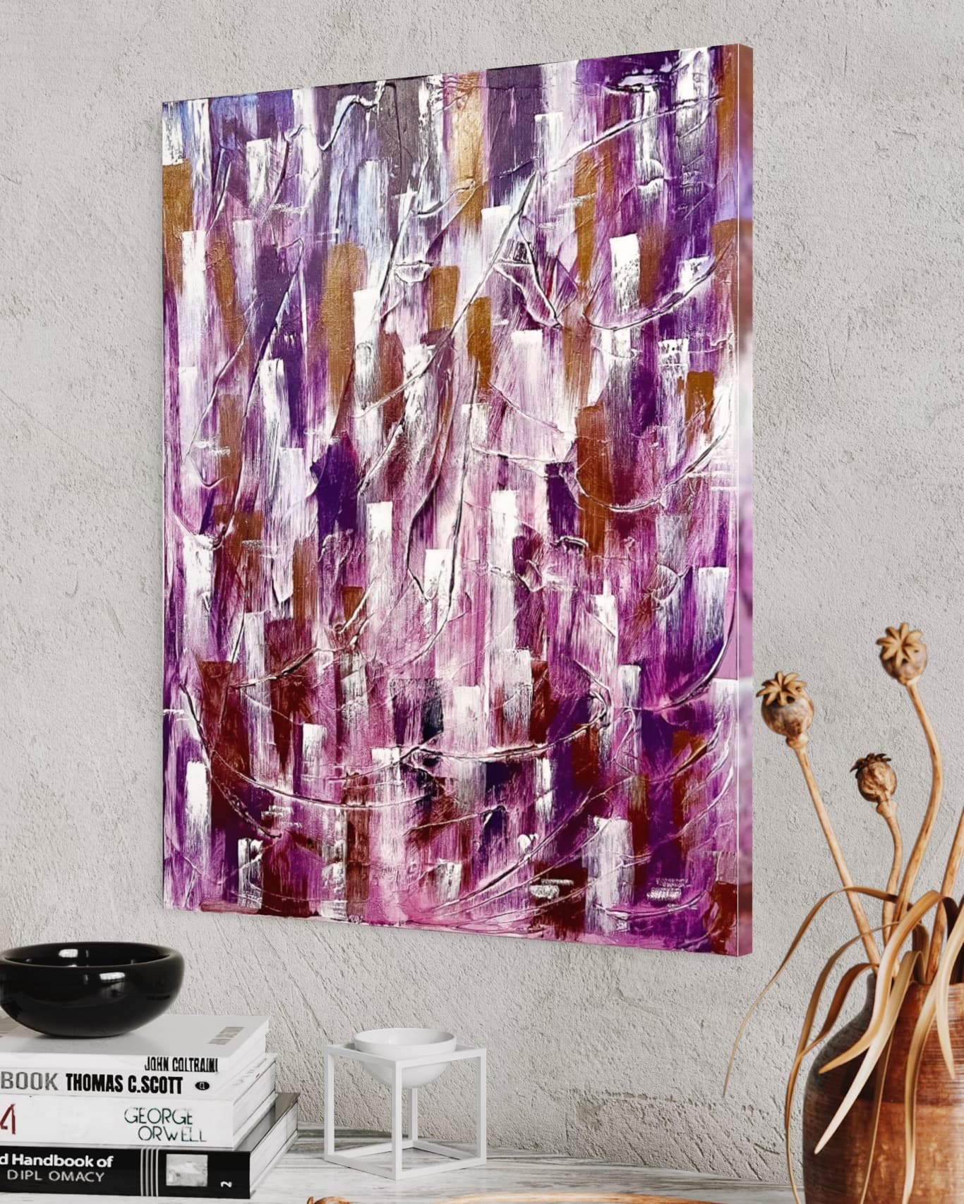 Detail of Lavender Reverie showing purple and gold knife texture