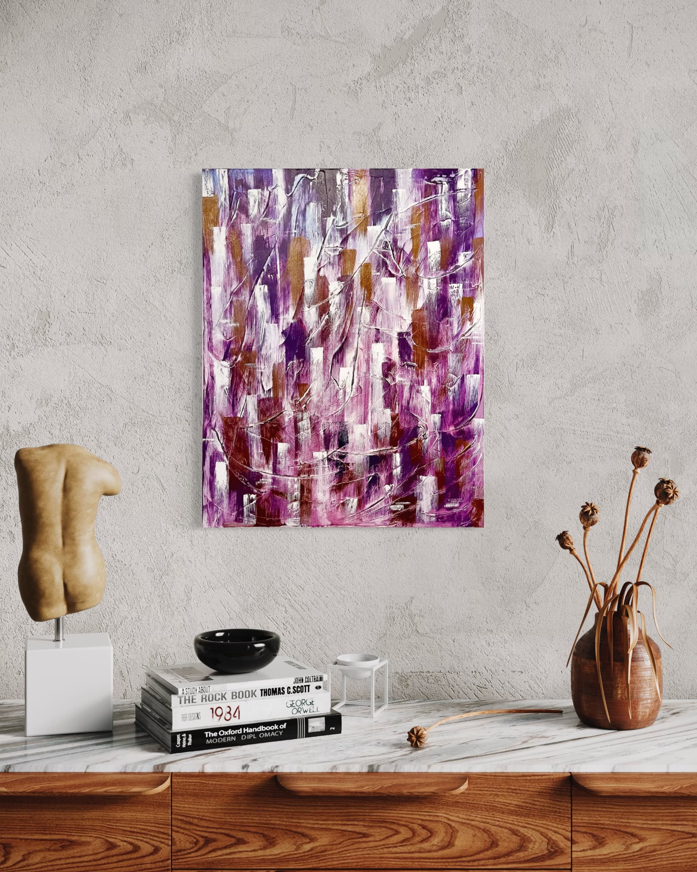 Lavender Reverie, a purple, white, and gold textured abstract painting by Julia Mindar, shown on a textured wall
