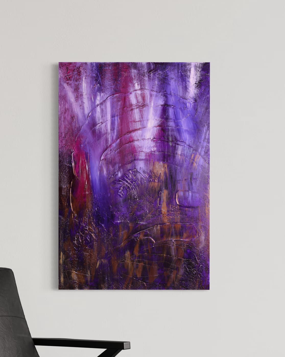 Nebula, a deep purple and gold cosmic-toned abstract painting by Julia Mindar, styled with brass vases