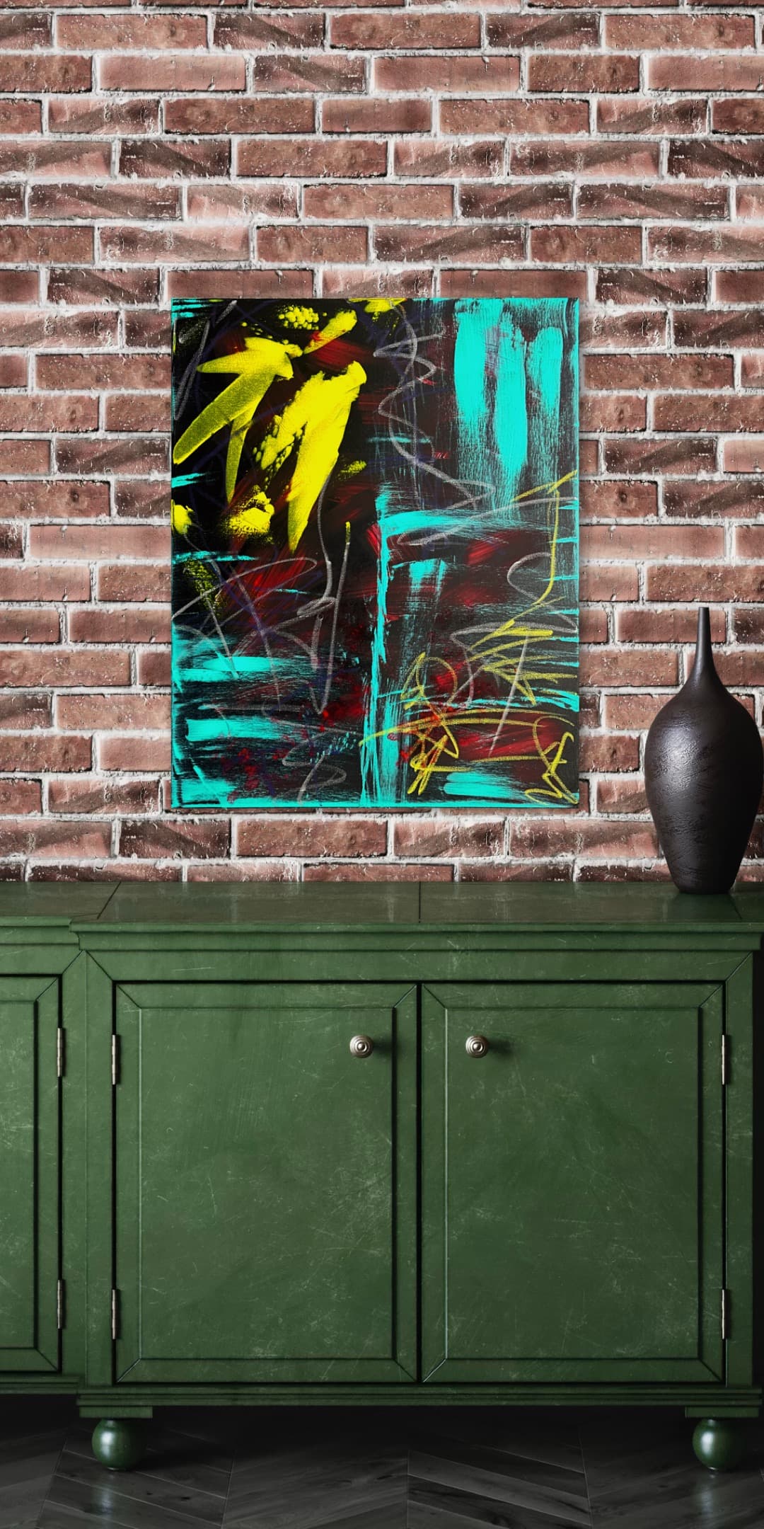 Detail of Neon Pulse showing teal and yellow brushwork over black