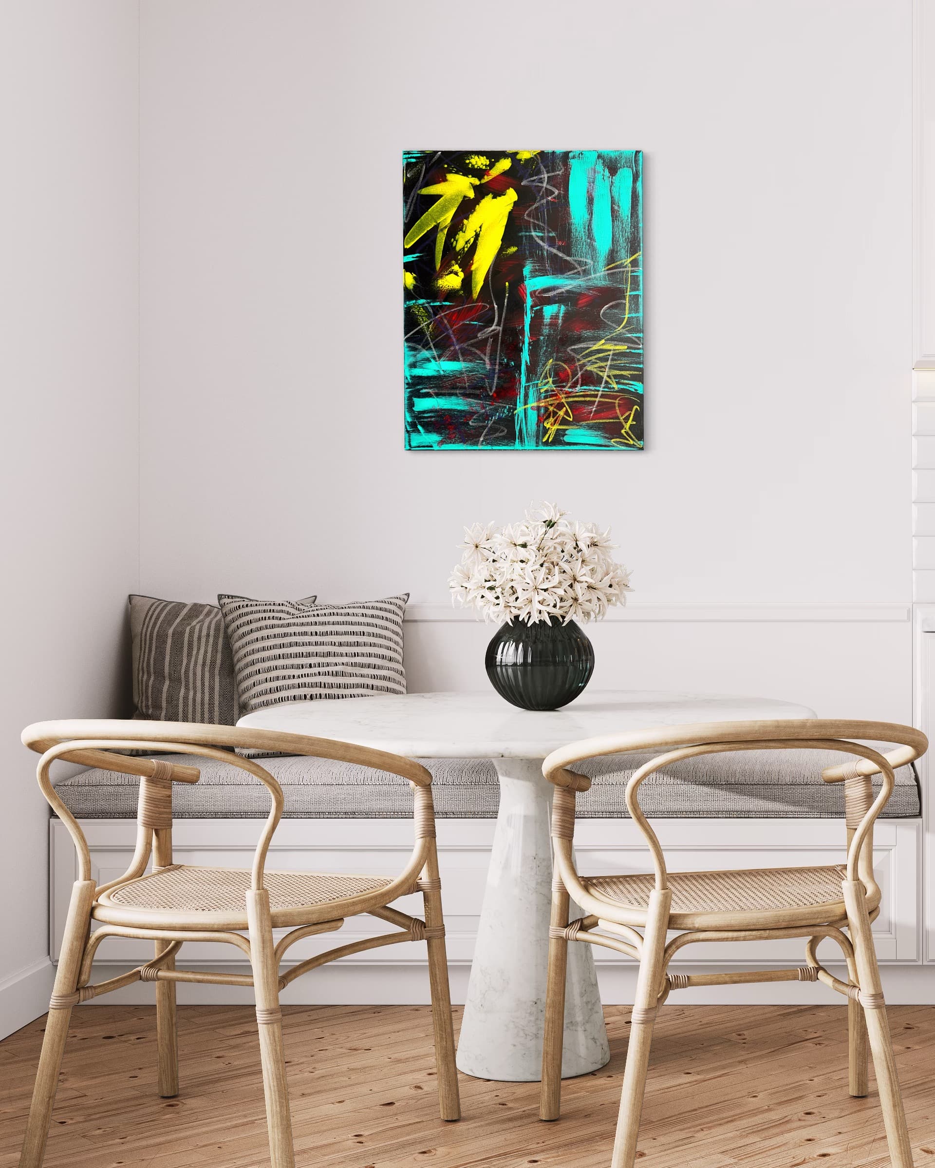 Neon Pulse shown installed in a living room beside a pendant lamp