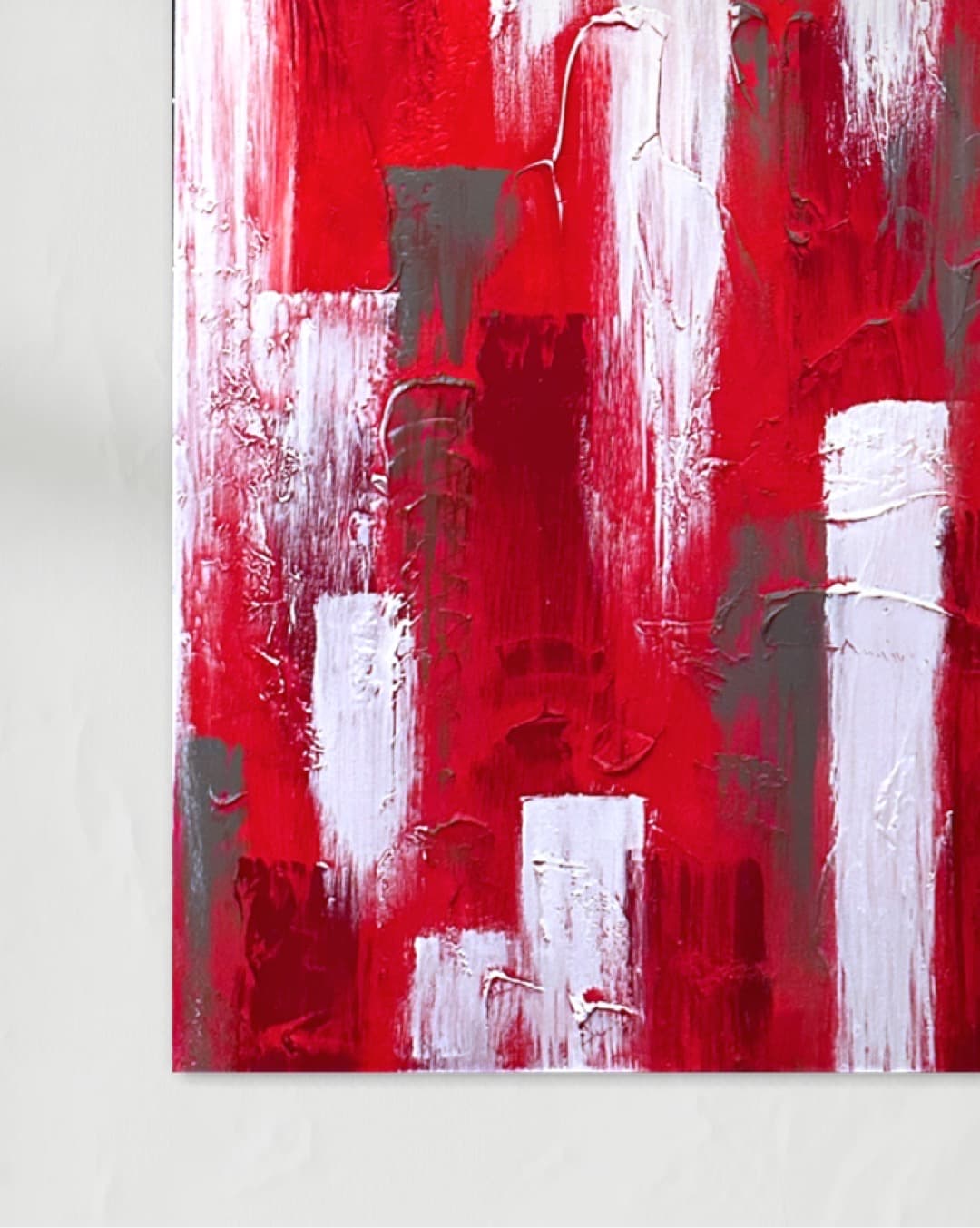 Detail of Red Corridor showing red, white, and gray vertical brushwork