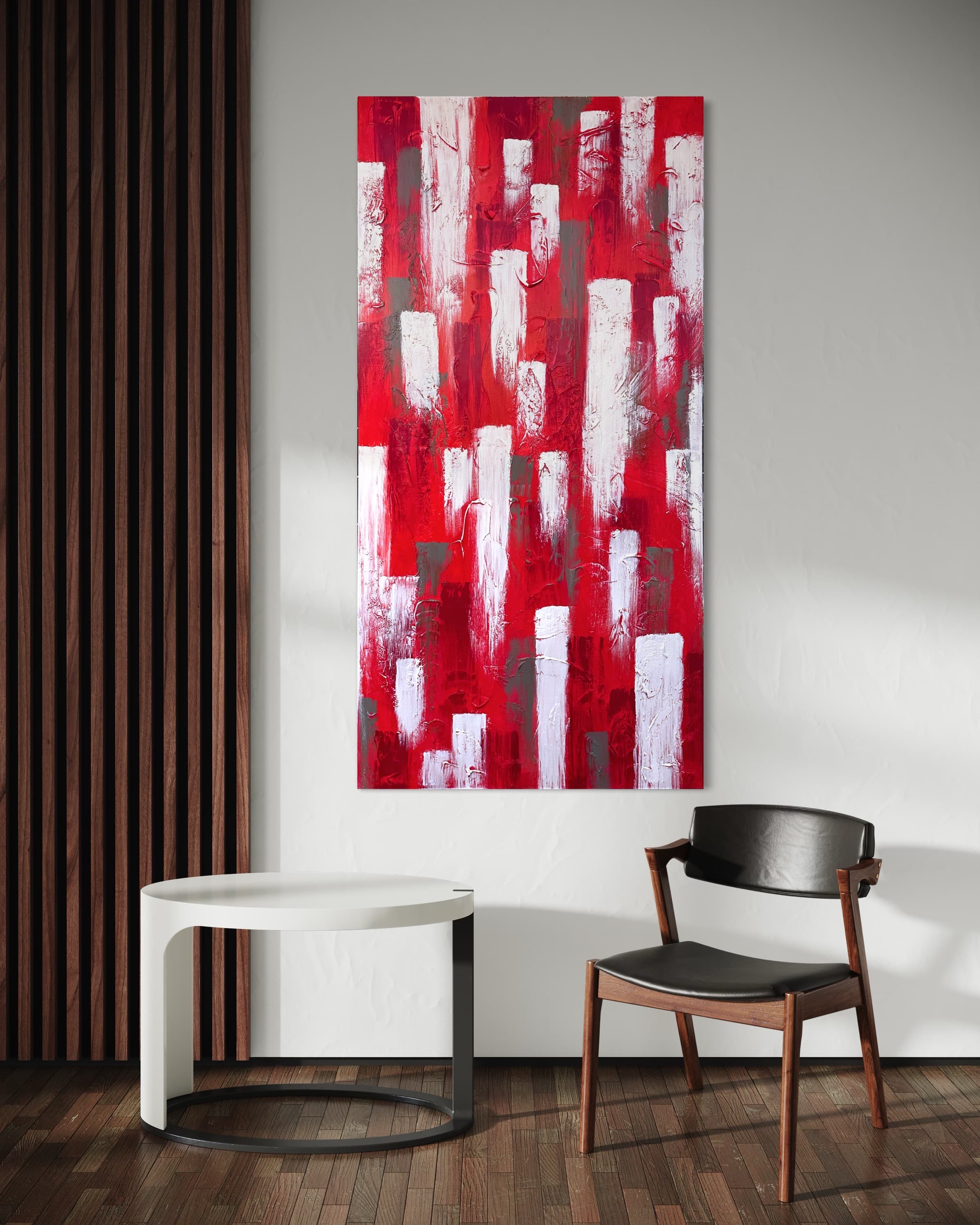 Red Corridor, a large red, white, and gray vertical-striped abstract painting by Julia Mindar, shown in a living room