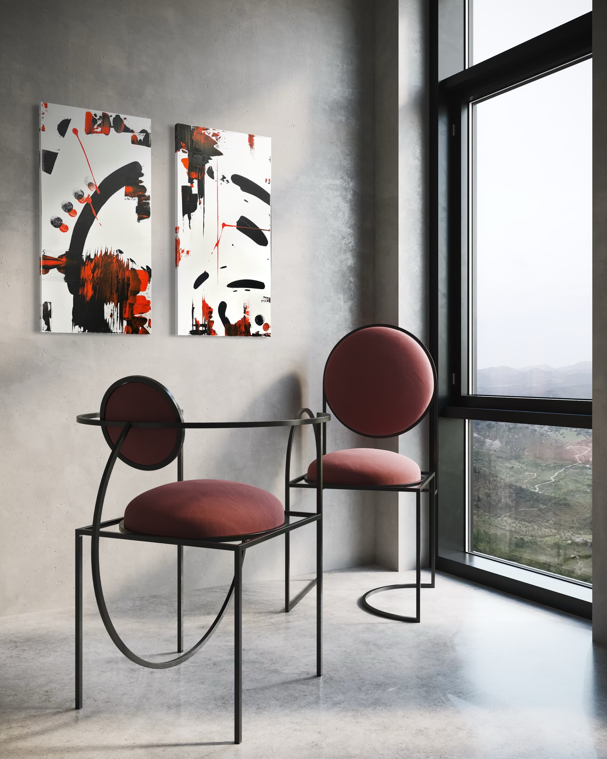 Red Signal, a two-panel black, white, and red gestural abstract diptych by Julia Mindar, shown in a concrete interior