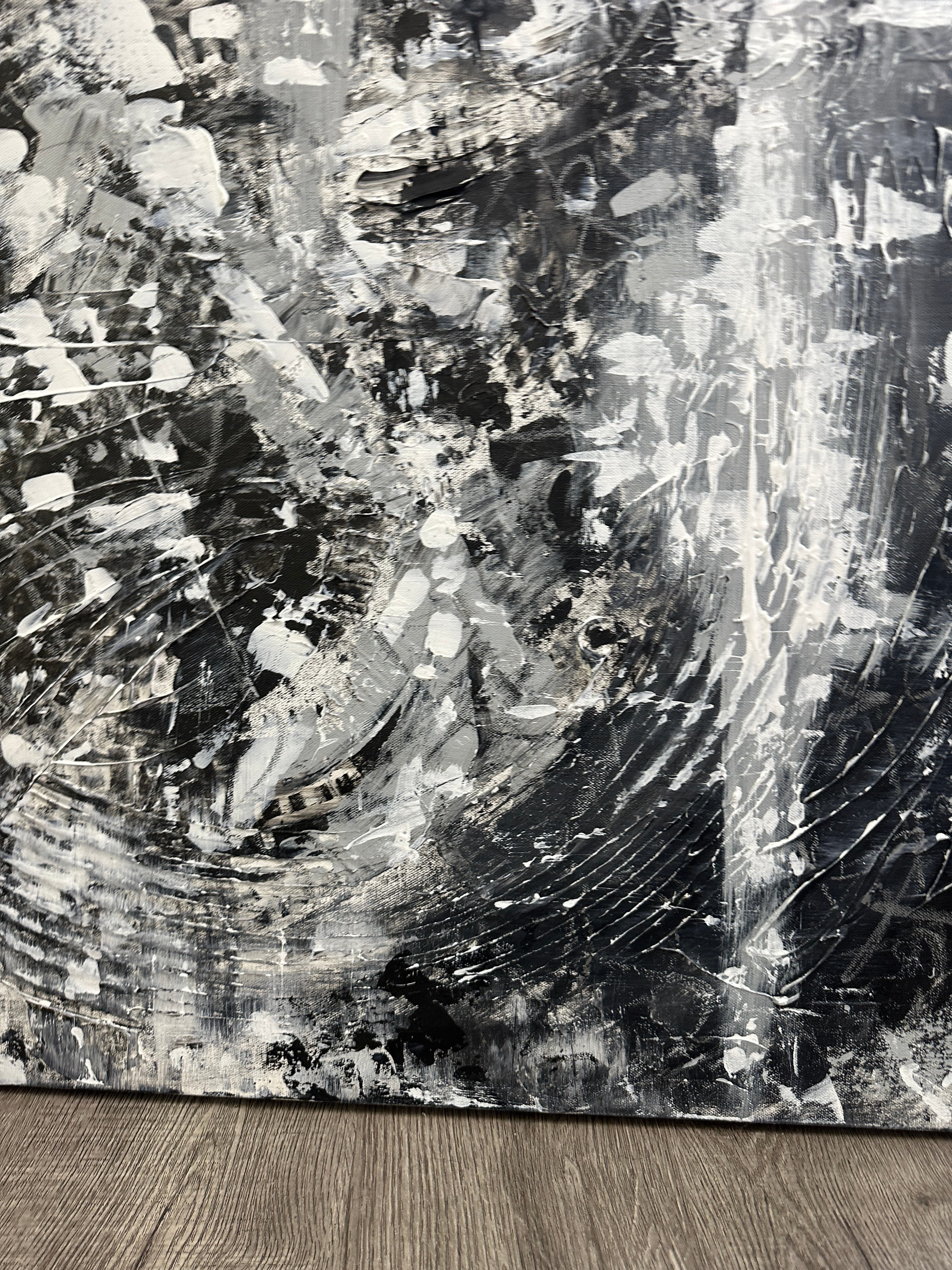 Detail of Riptide showing circular ripple brushwork and drip texture