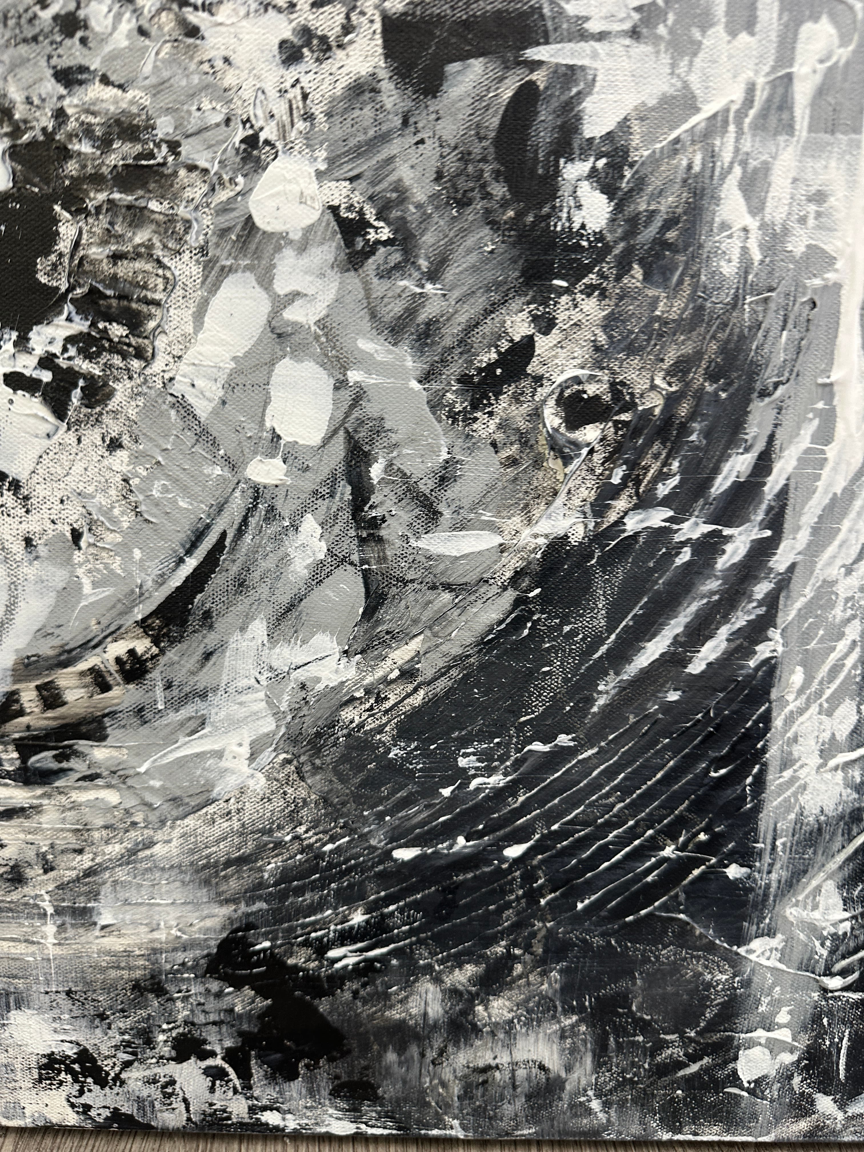 Detail of Riptide showing scraped white passages over black