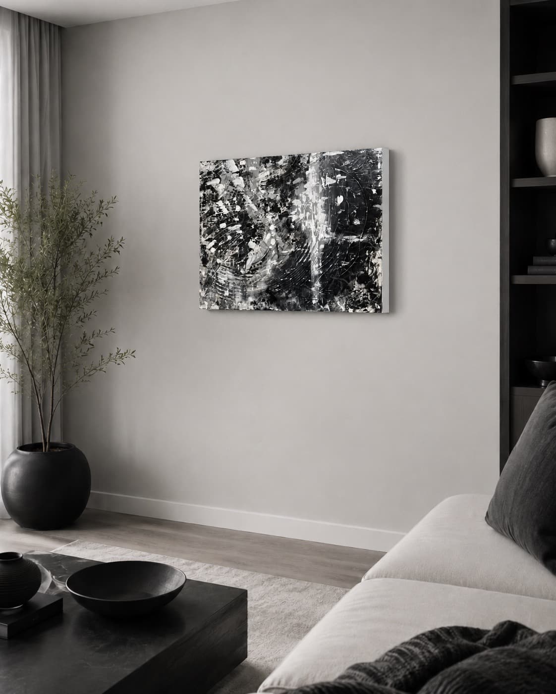 Riptide shown installed in a living room with a black planter