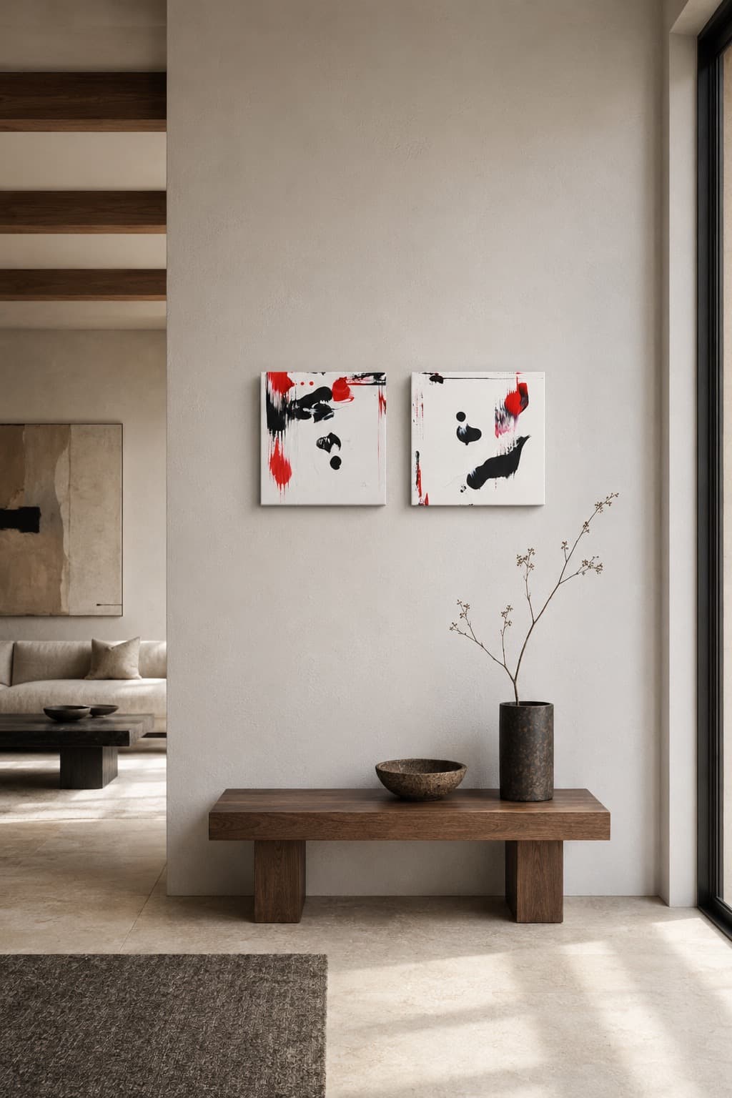 Scarlet Divide, a two-panel red and black gestural abstract diptych by Julia Mindar, shown in an entry hallway