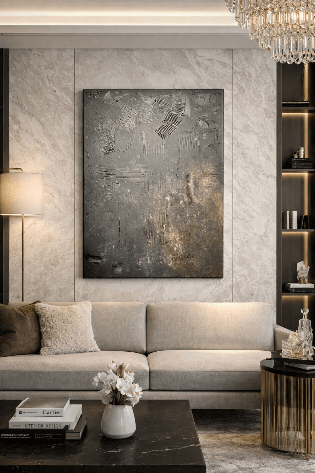 Silent Alchemy shown installed near a chandelier and marble surfaces