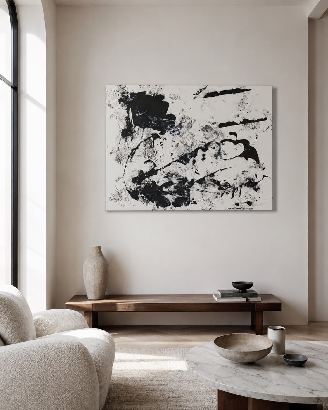 Static shown installed above a wood bench beside a marble coffee table