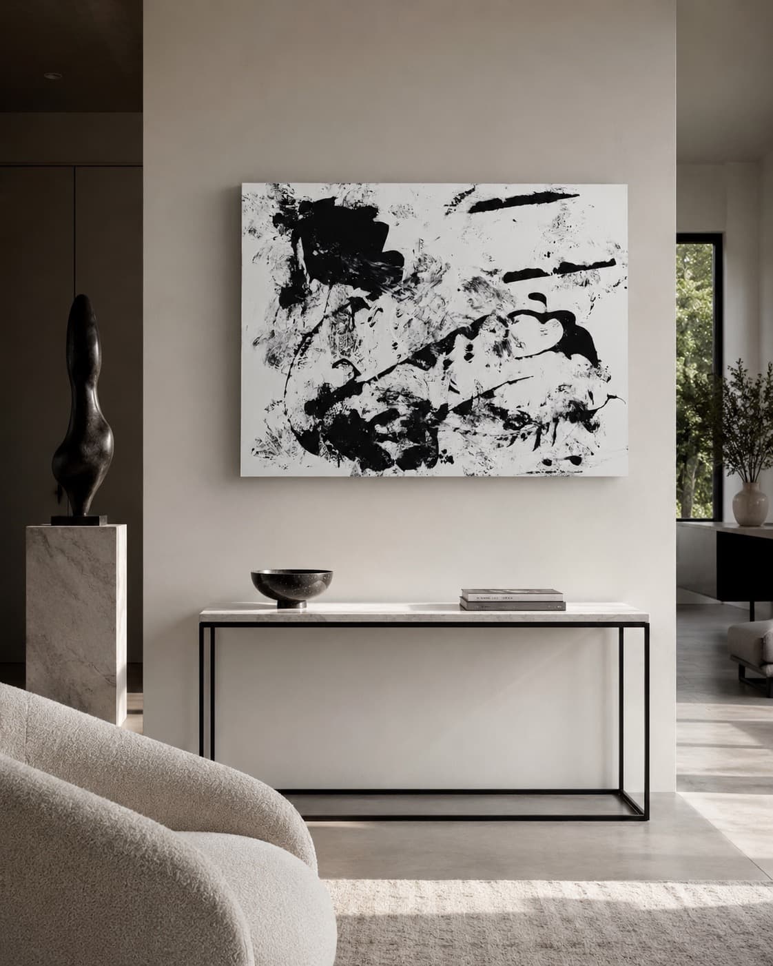 Static shown installed above a console with a sculptural object