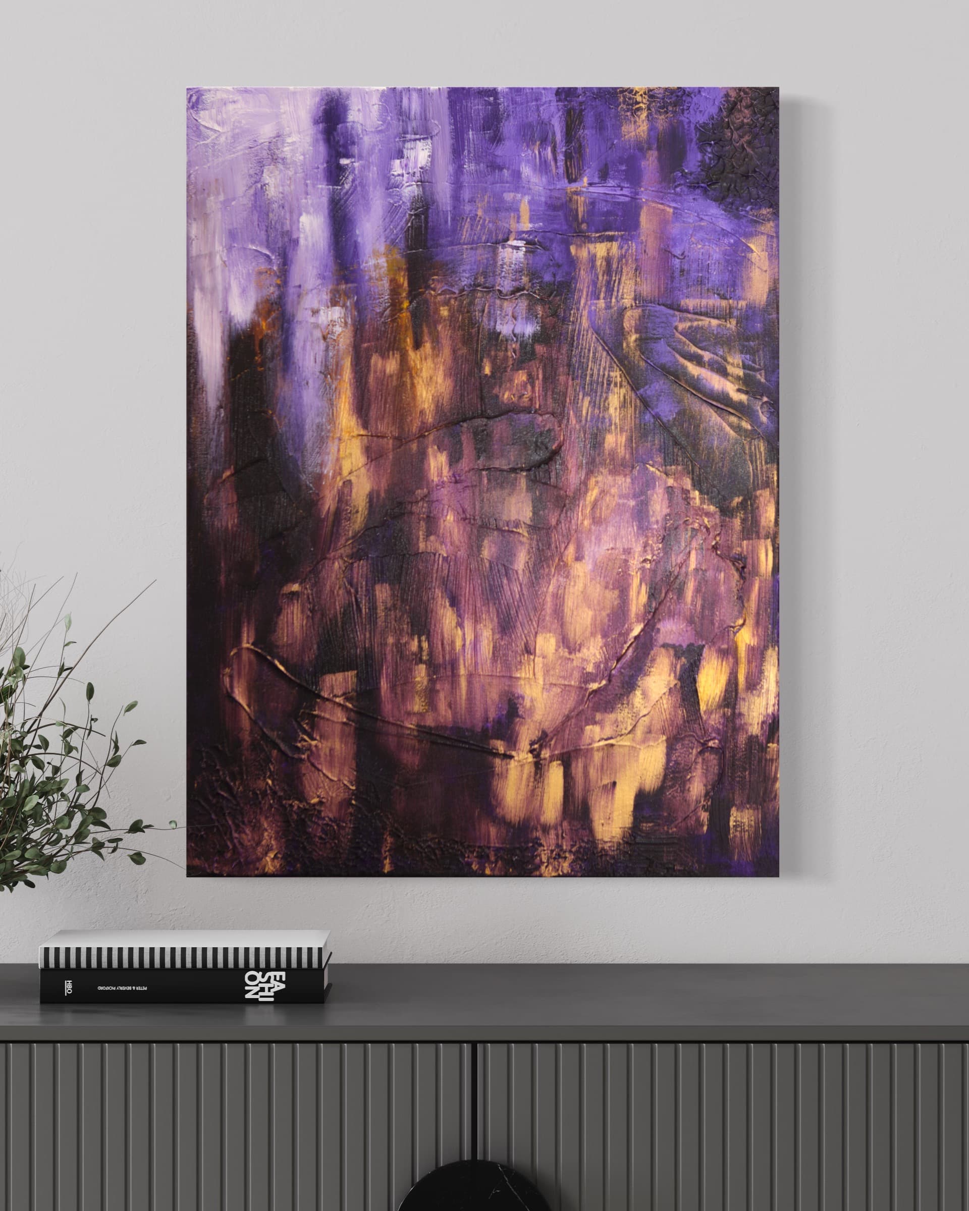 Twilight Vein, a deep purple and bronze textured abstract painting by Julia Mindar, shown in a living room