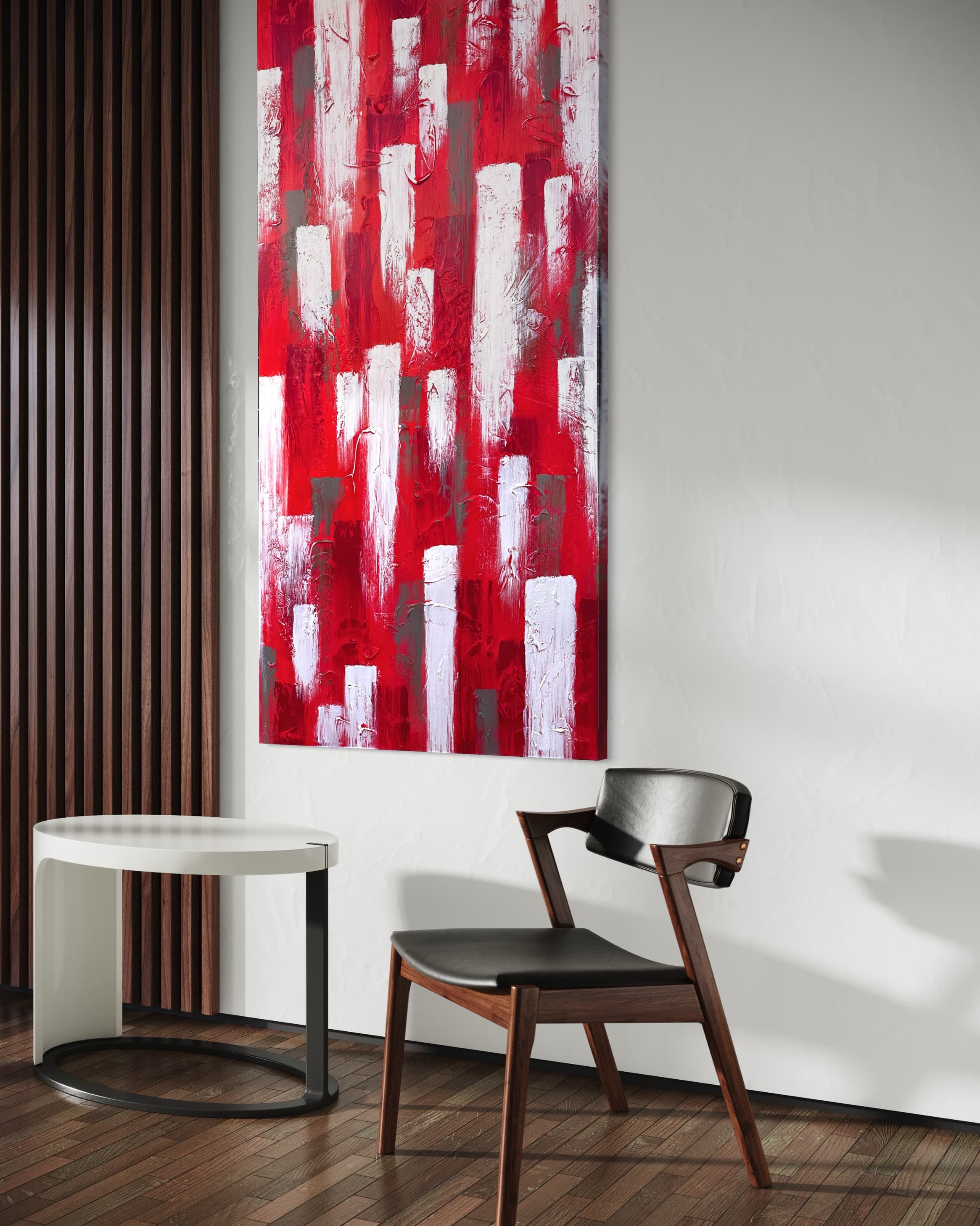 Venus, a red and white textured vertical-block abstract painting by Julia Mindar, shown in a modern entryway