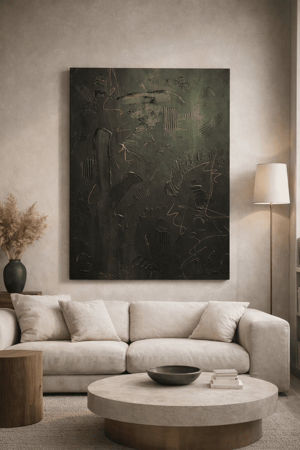 Verdure, a dark green, black, and gold textured abstract painting by Julia Mindar, shown on a gray wall